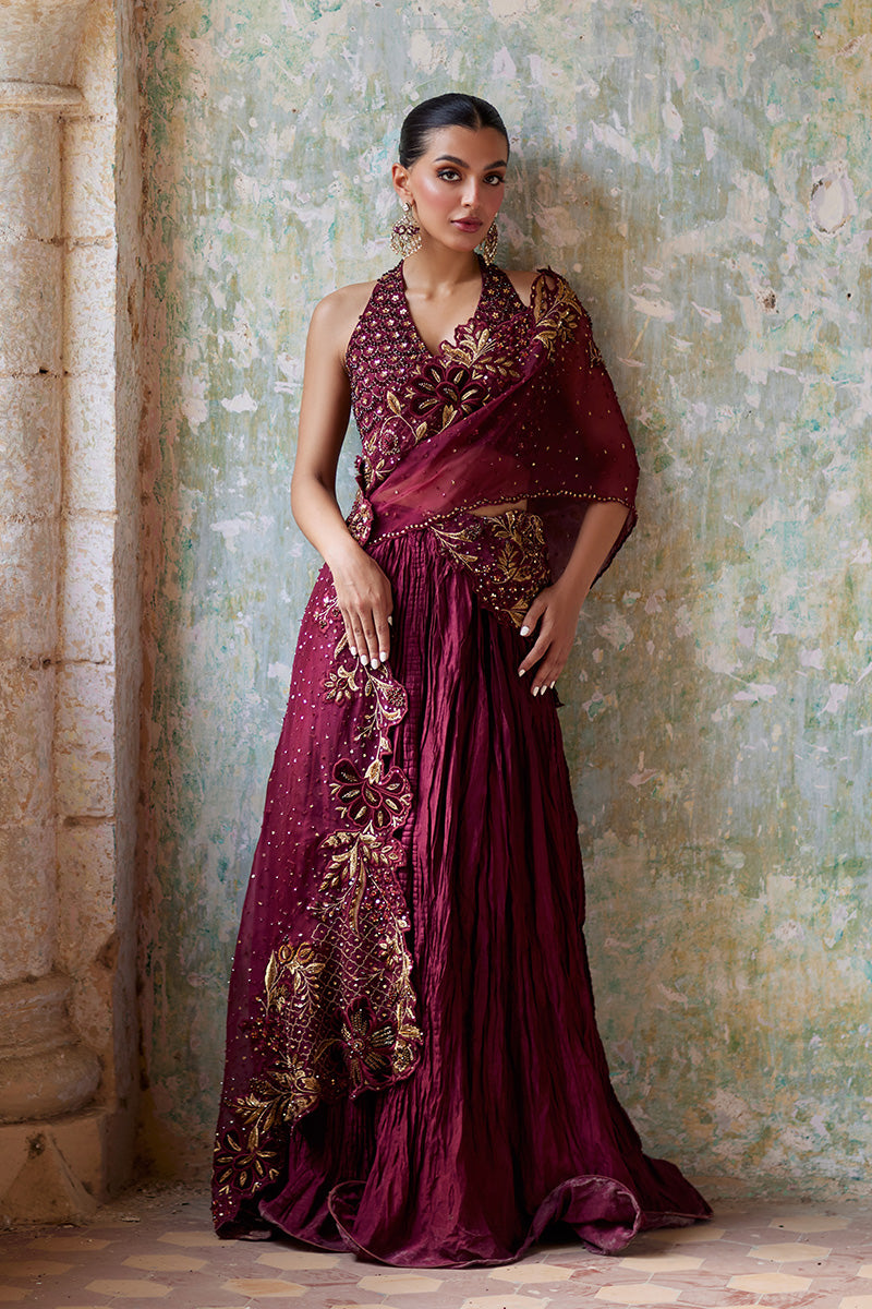 Indian Burgundy Gold Embroidered Organza Silk Lehnga Saree (3-Piece) - Image 2