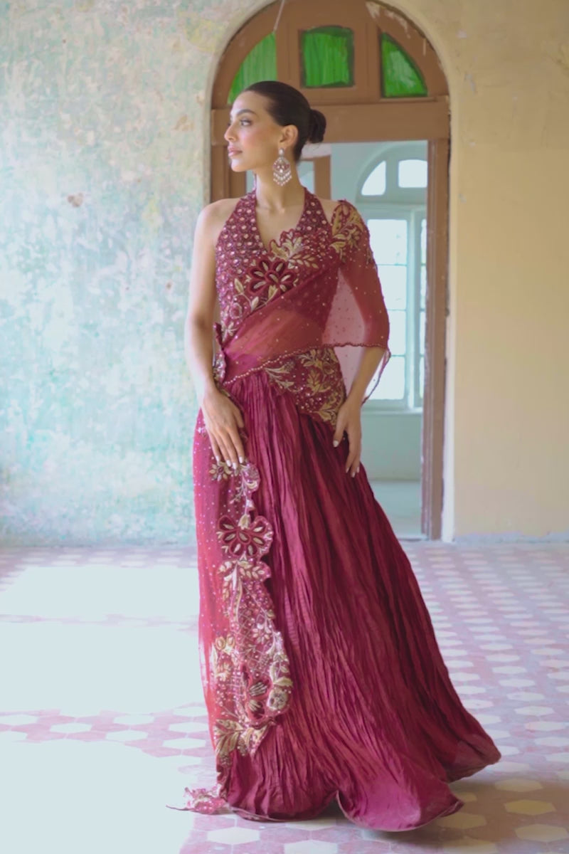 Indian Burgundy Gold Embroidered Organza Silk Lehnga Saree (3-Piece) - Image 3