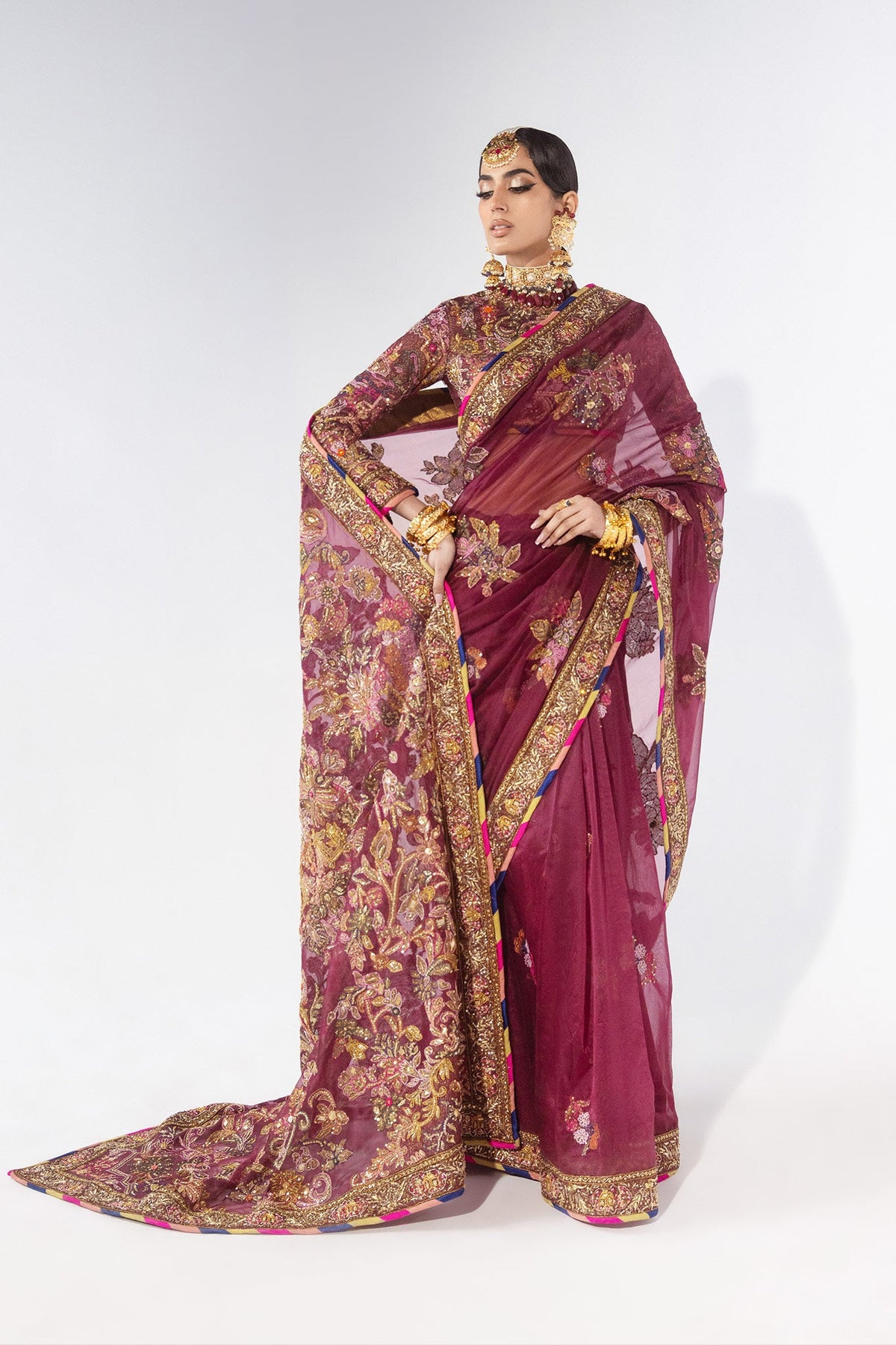 Wine Zardozi Weaved Organza Saree (3-Piece) - Image 1