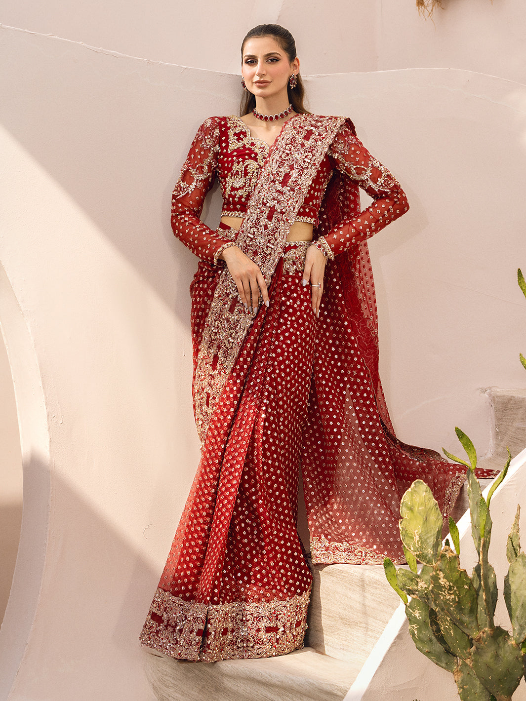 Maroon Hand-Embellished Organza Saree (2-Piece) - Image 10