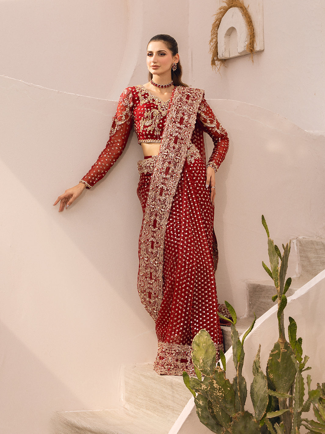 Maroon Hand-Embellished Organza Saree (2-Piece) - Image 11