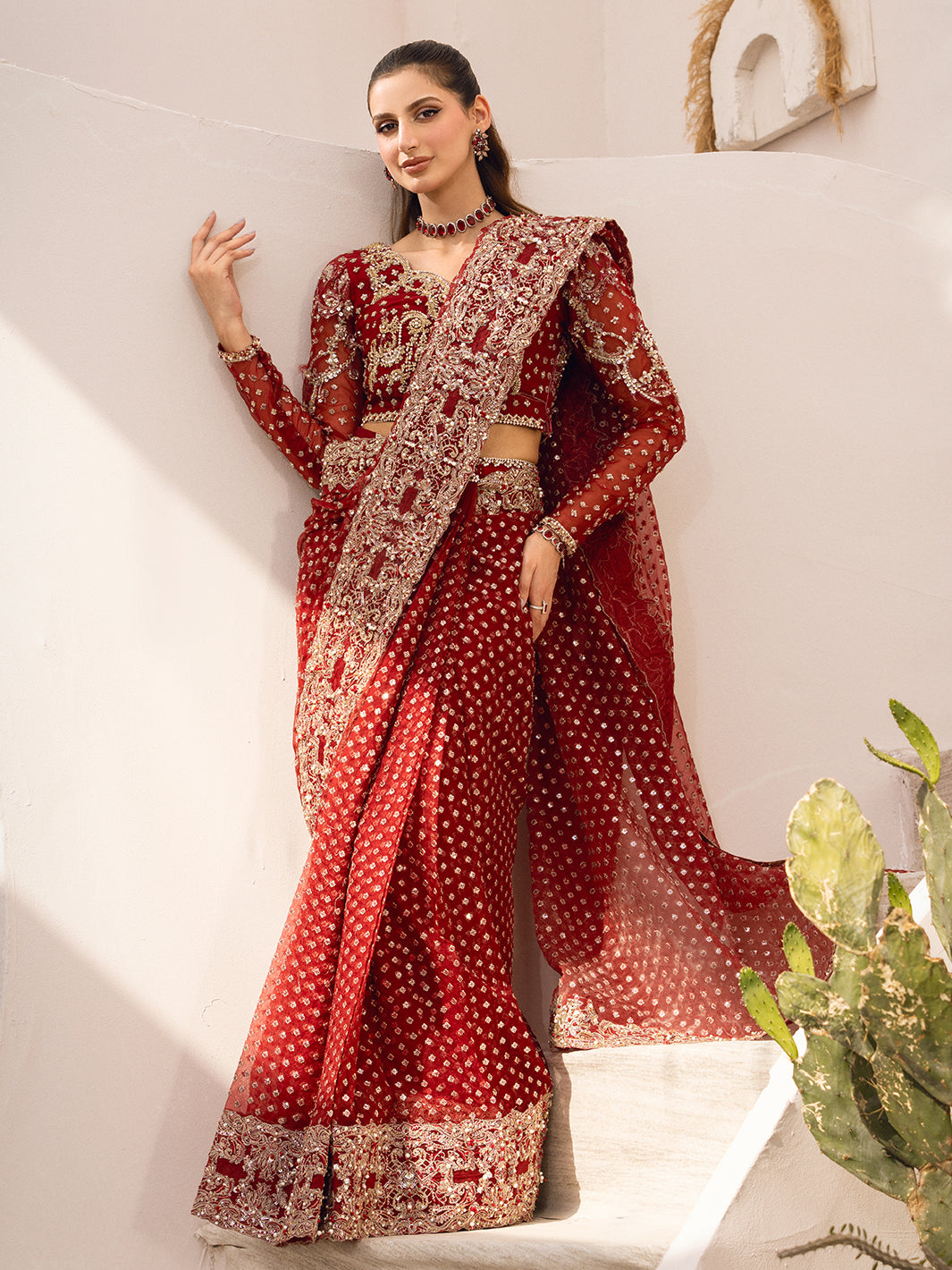 Maroon Hand-Embellished Organza Saree (2-Piece) - Image 4