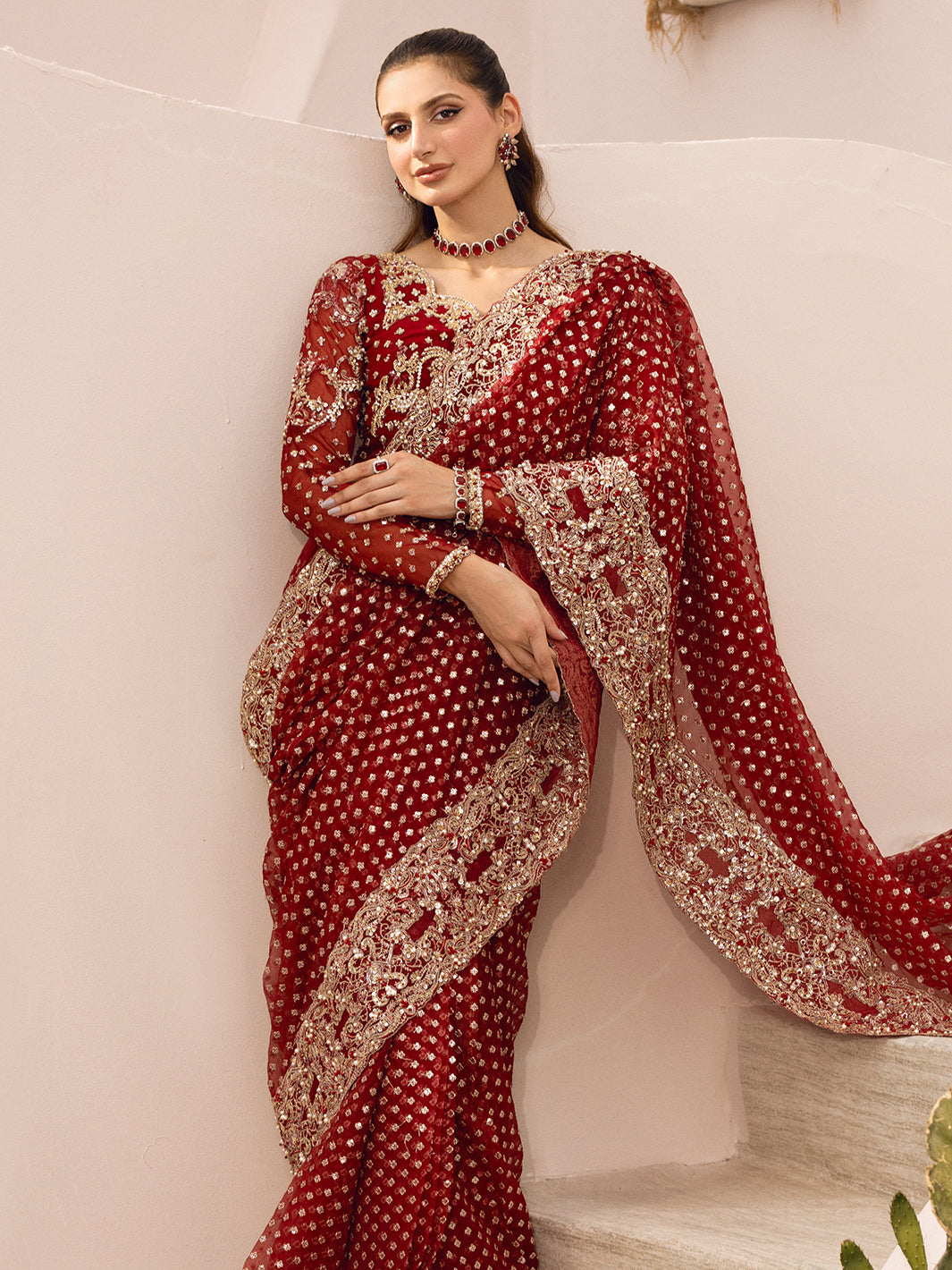 Maroon Hand-Embellished Organza Saree (2-Piece) - Image 5