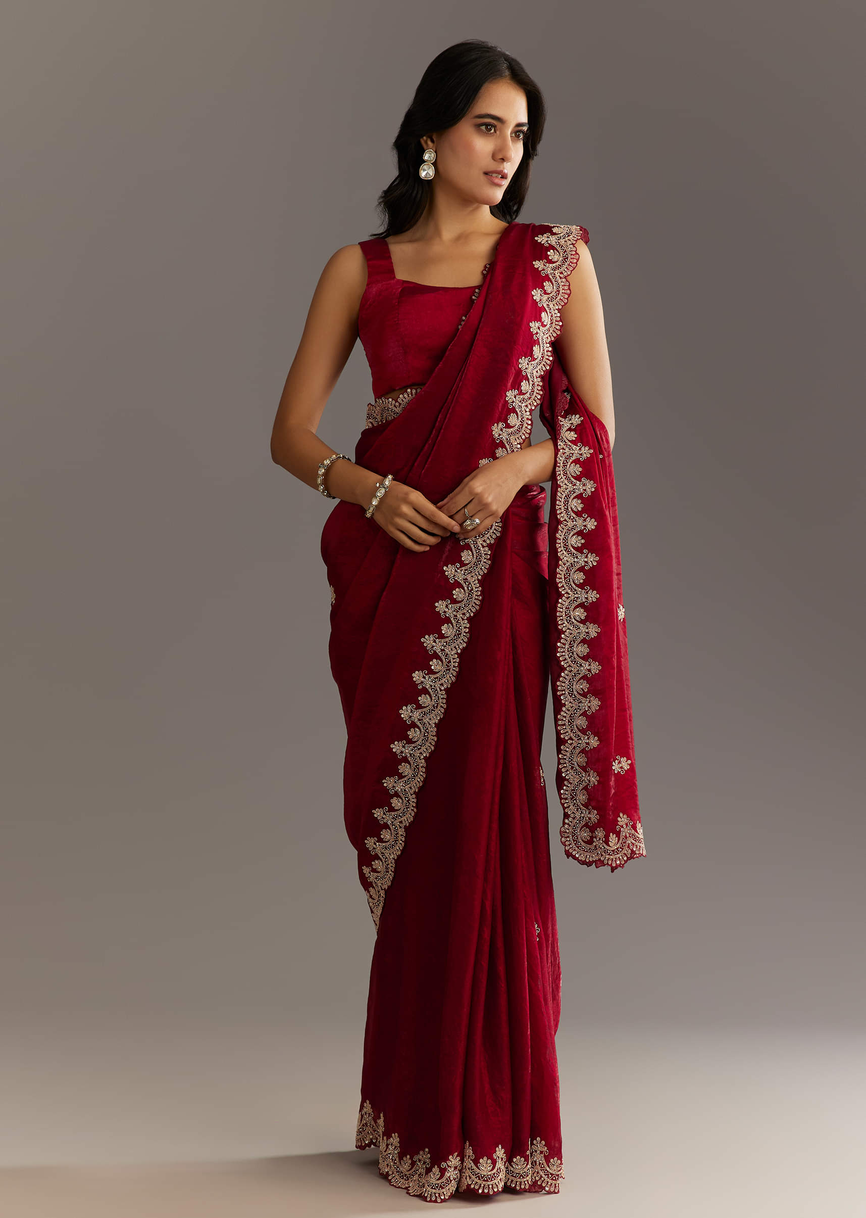 Indian Maroon Zardosi Embroidered Satin Saree (2-Piece) - Image 1