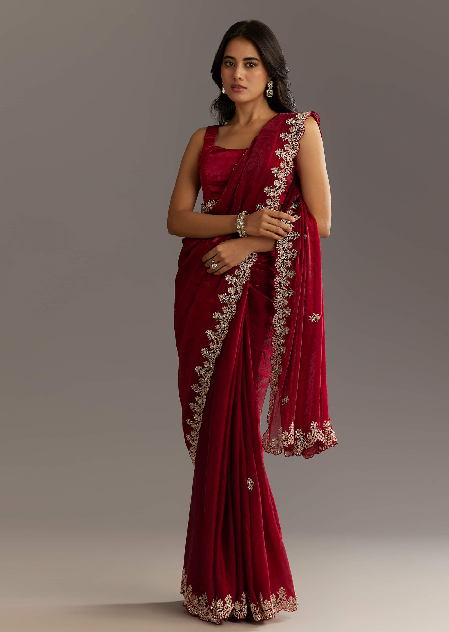 Indian Maroon Zardosi Embroidered Satin Saree (2-Piece) - Image 10