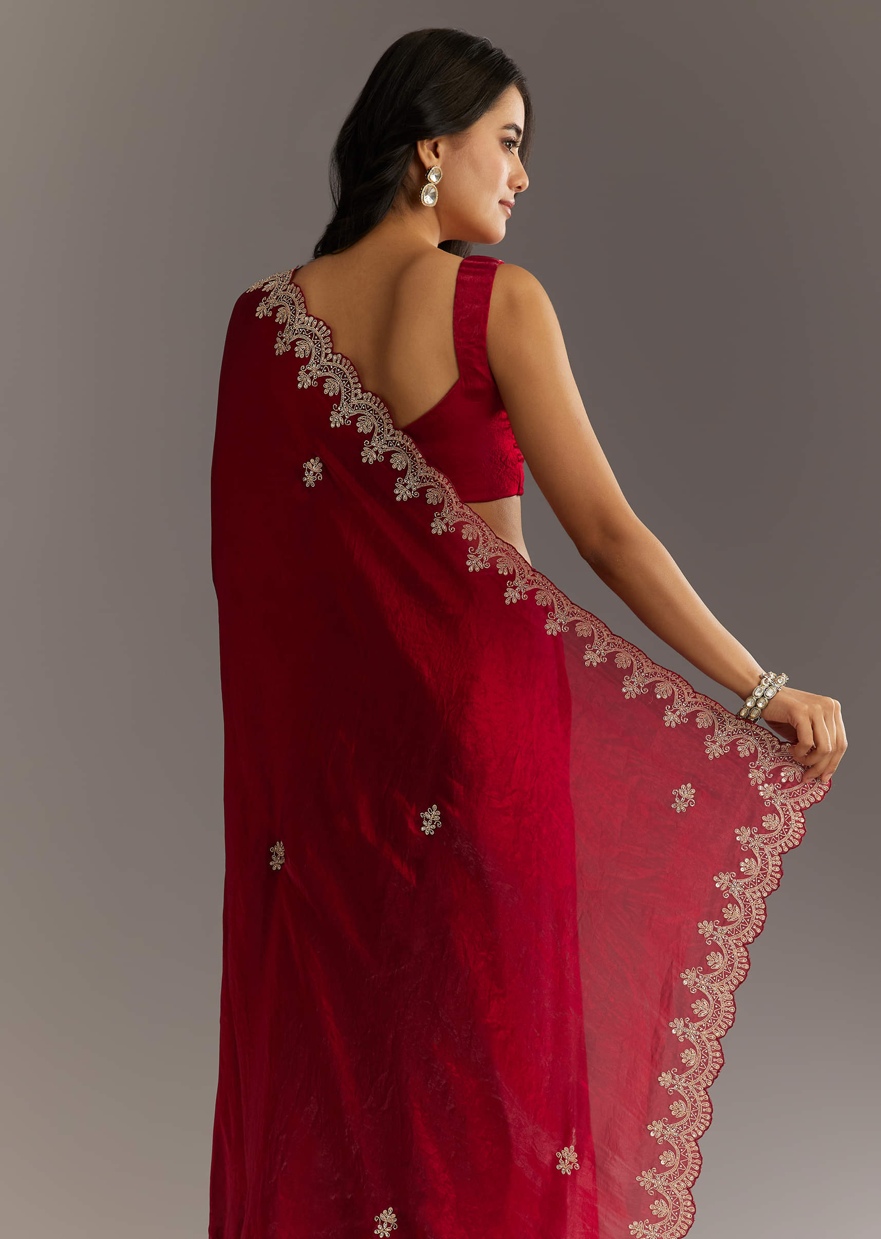 Indian Maroon Zardosi Embroidered Satin Saree (2-Piece) - Image 2