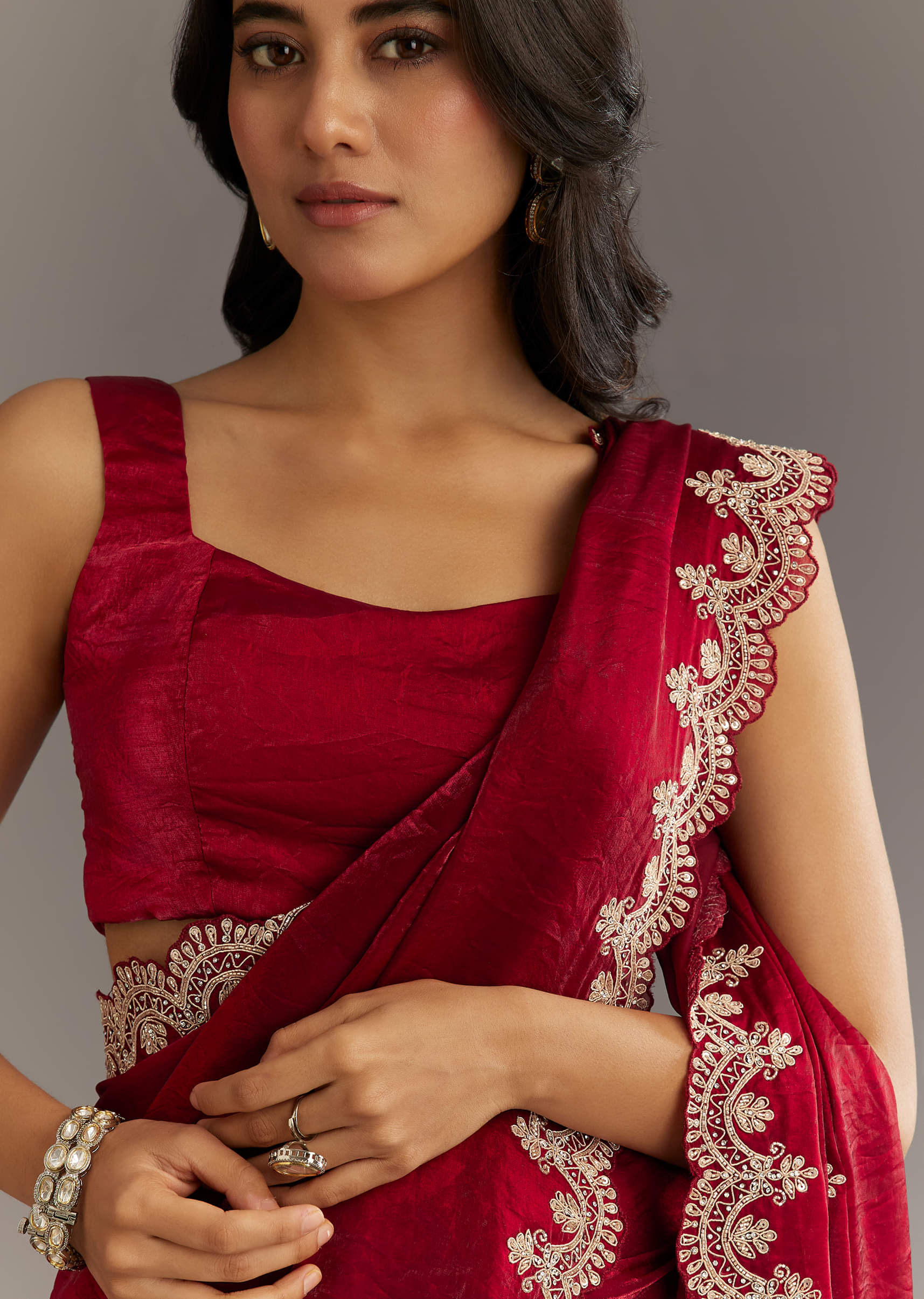 Indian Maroon Zardosi Embroidered Satin Saree (2-Piece) - Image 3