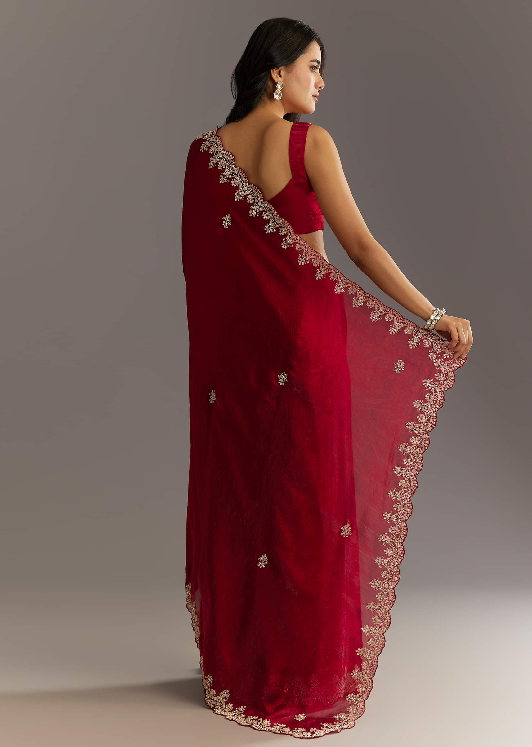 Indian Maroon Zardosi Embroidered Satin Saree (2-Piece) - Image 4