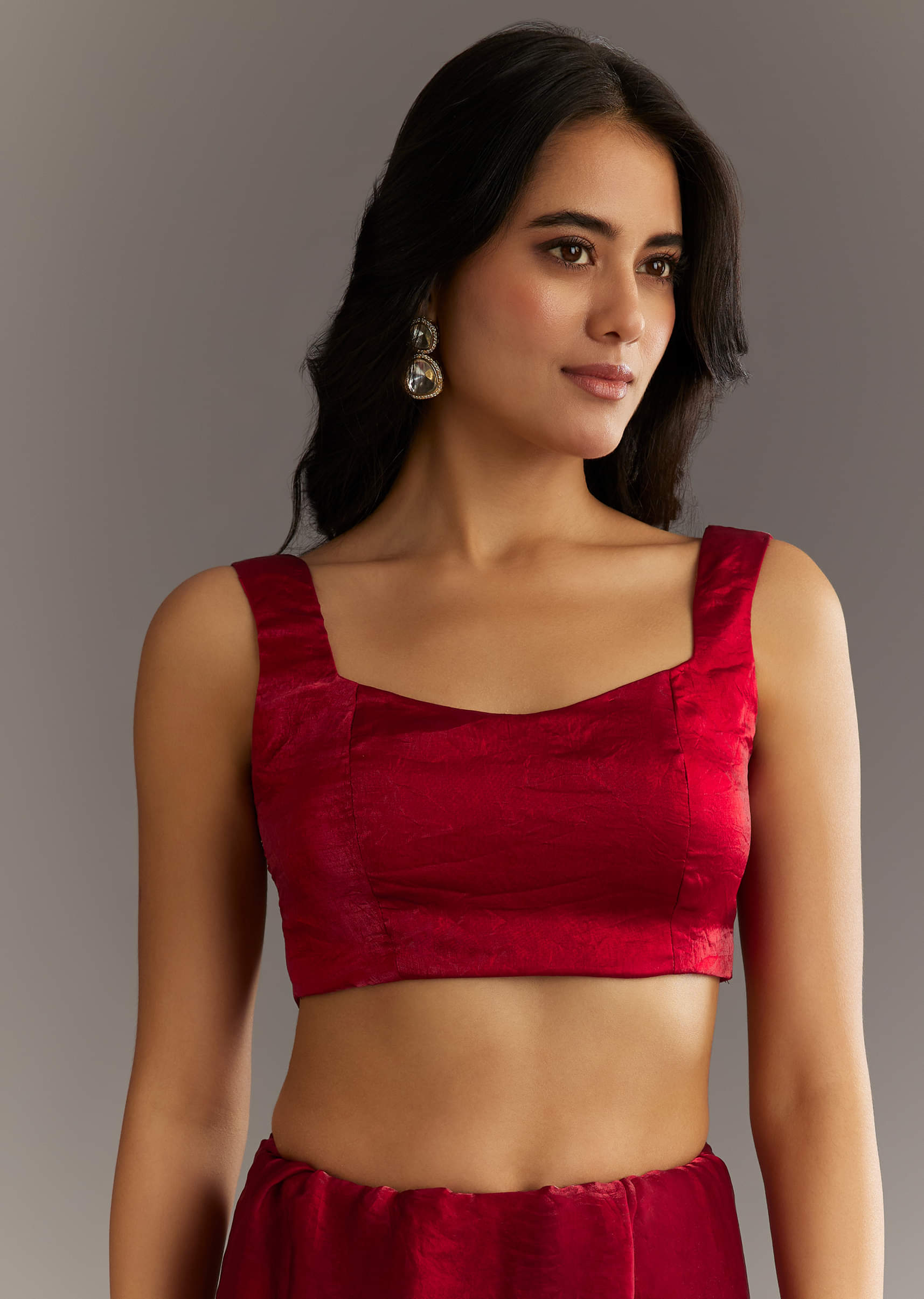 Indian Maroon Zardosi Embroidered Satin Saree (2-Piece) - Image 5