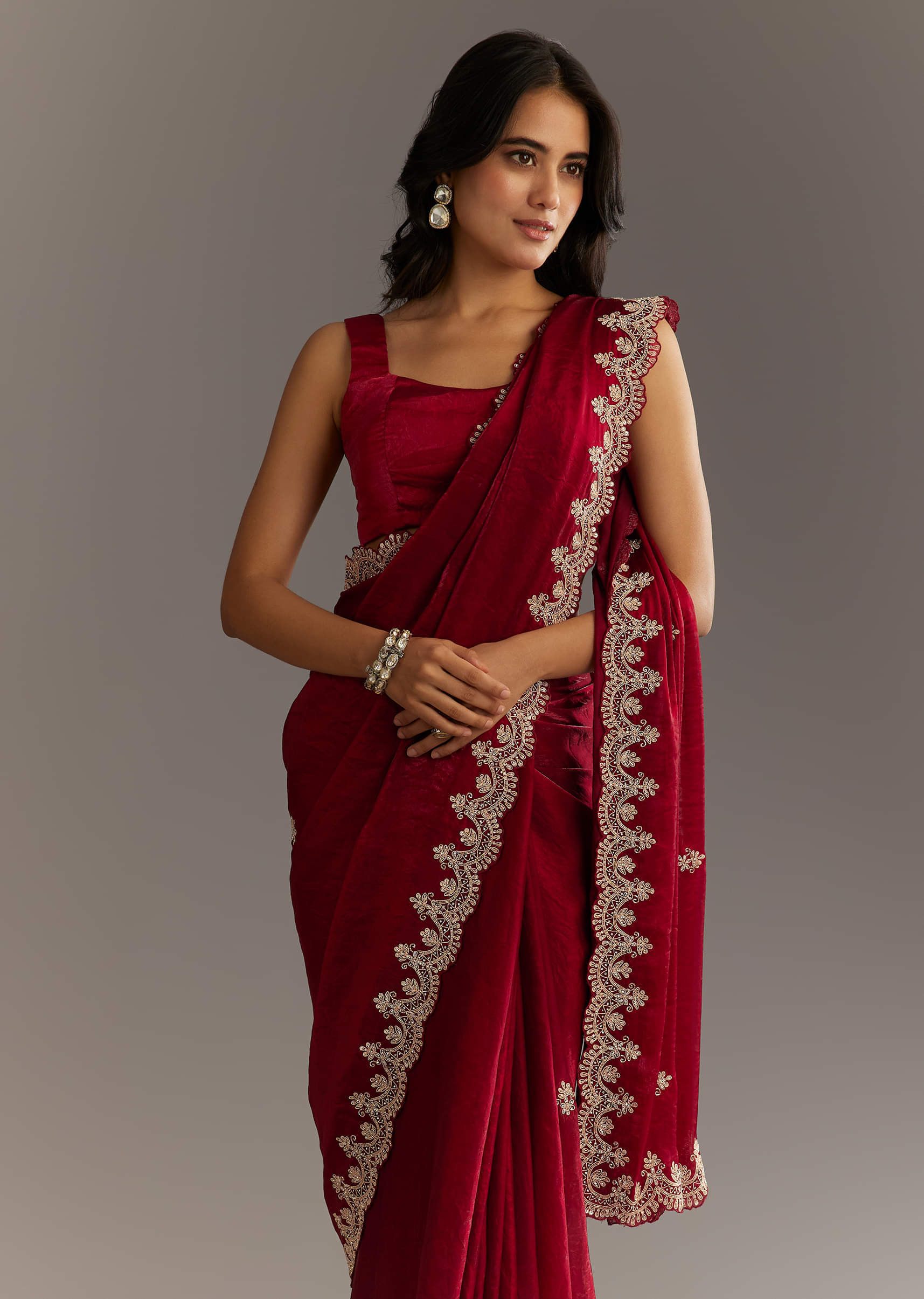 Indian Maroon Zardosi Embroidered Satin Saree (2-Piece) - Image 9