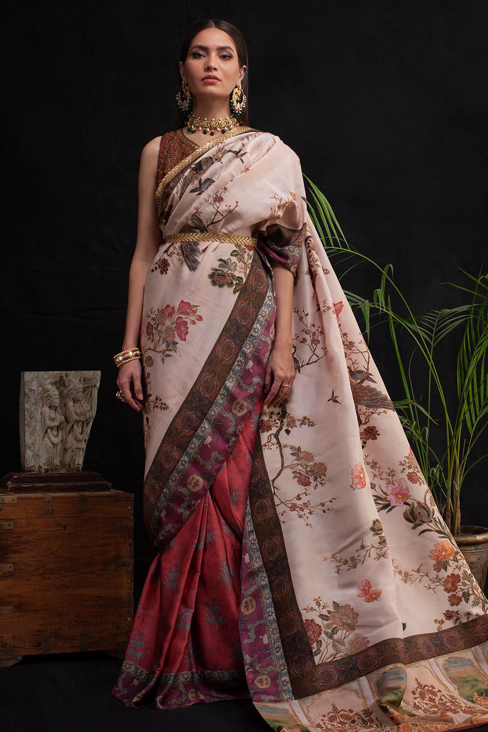 Pakistani White and Maroon Silk Saree with Antique Zari Work (2-Piece) - Image 1