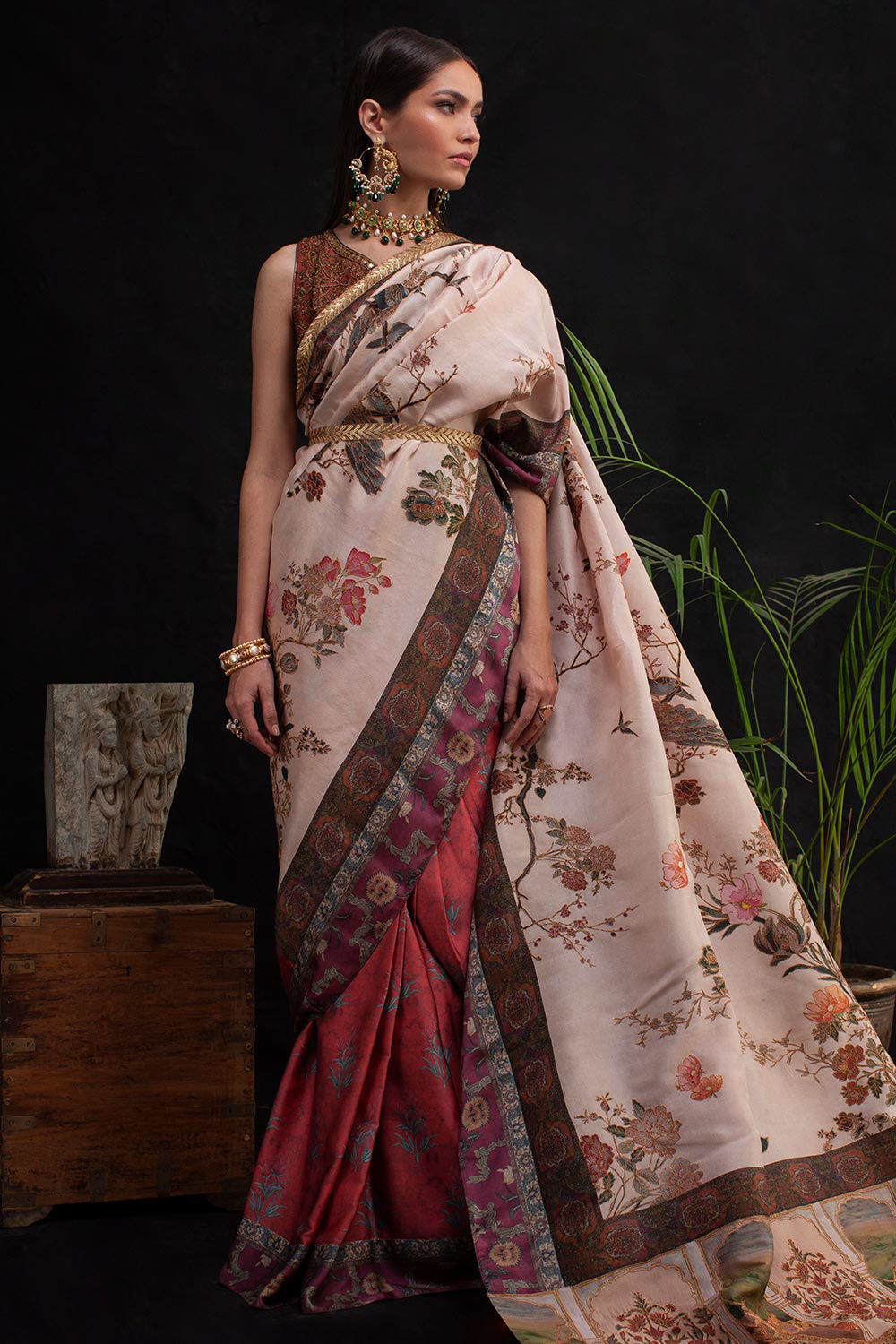 Pakistani White and Maroon Silk Saree with Antique Zari Work (2-Piece) - Image 6