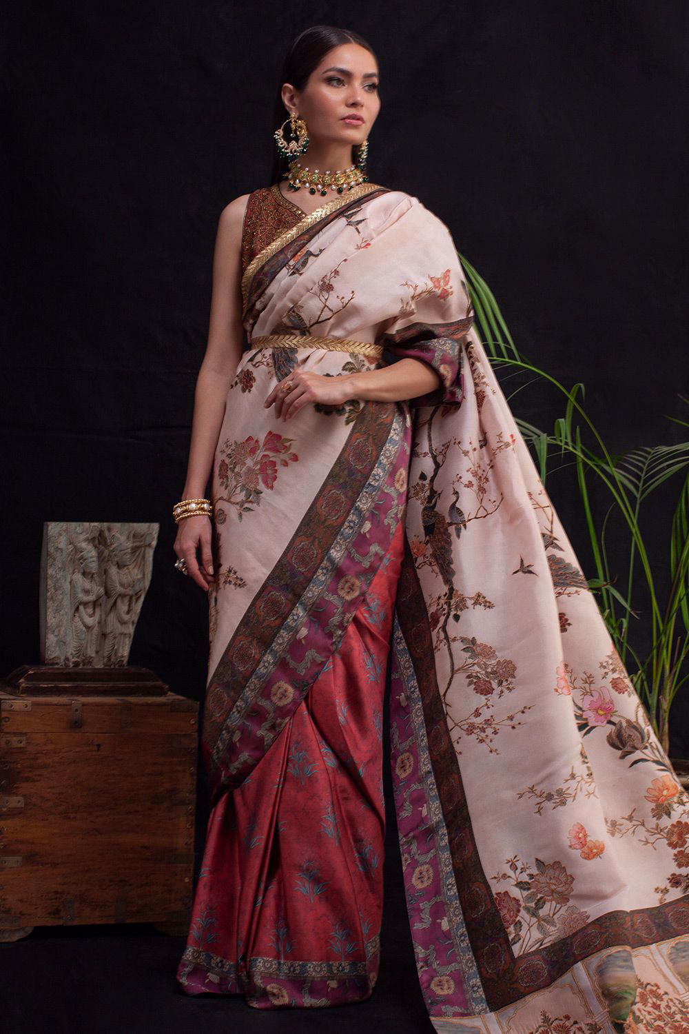 Pakistani White and Maroon Silk Saree with Antique Zari Work (2-Piece) - Image 8