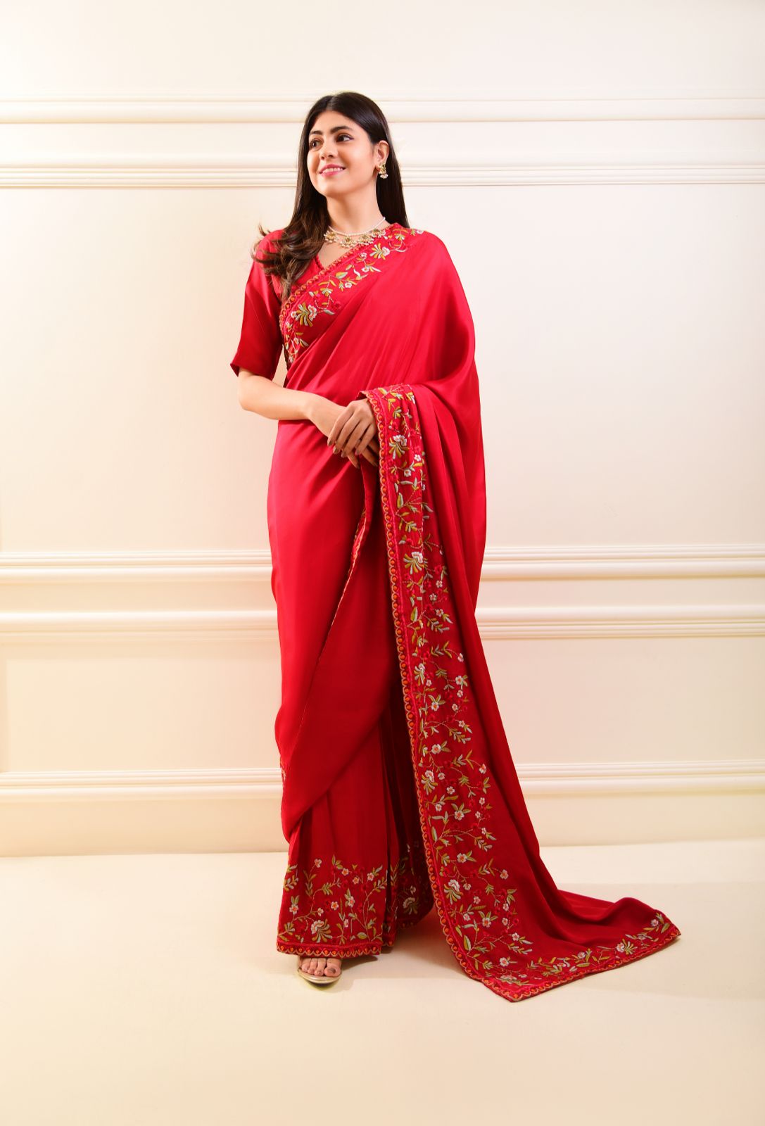 Pakistani Maroon Floral Embroidered Pure Silk Saree (2-Piece) - Image 1