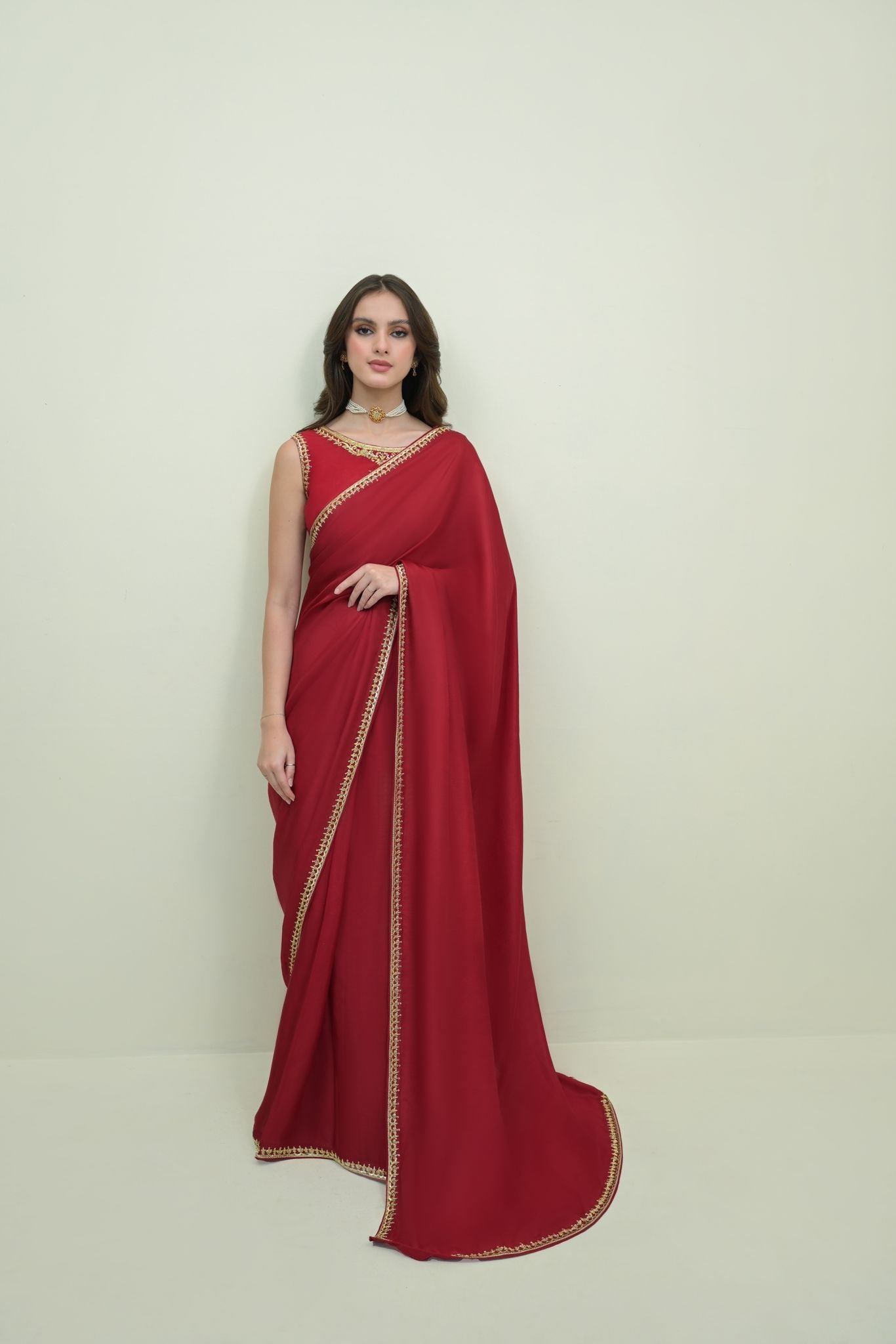 Pakistani Maroon Hand Ada Embroidered Pure Silk Saree (2-Piece) - Image 1