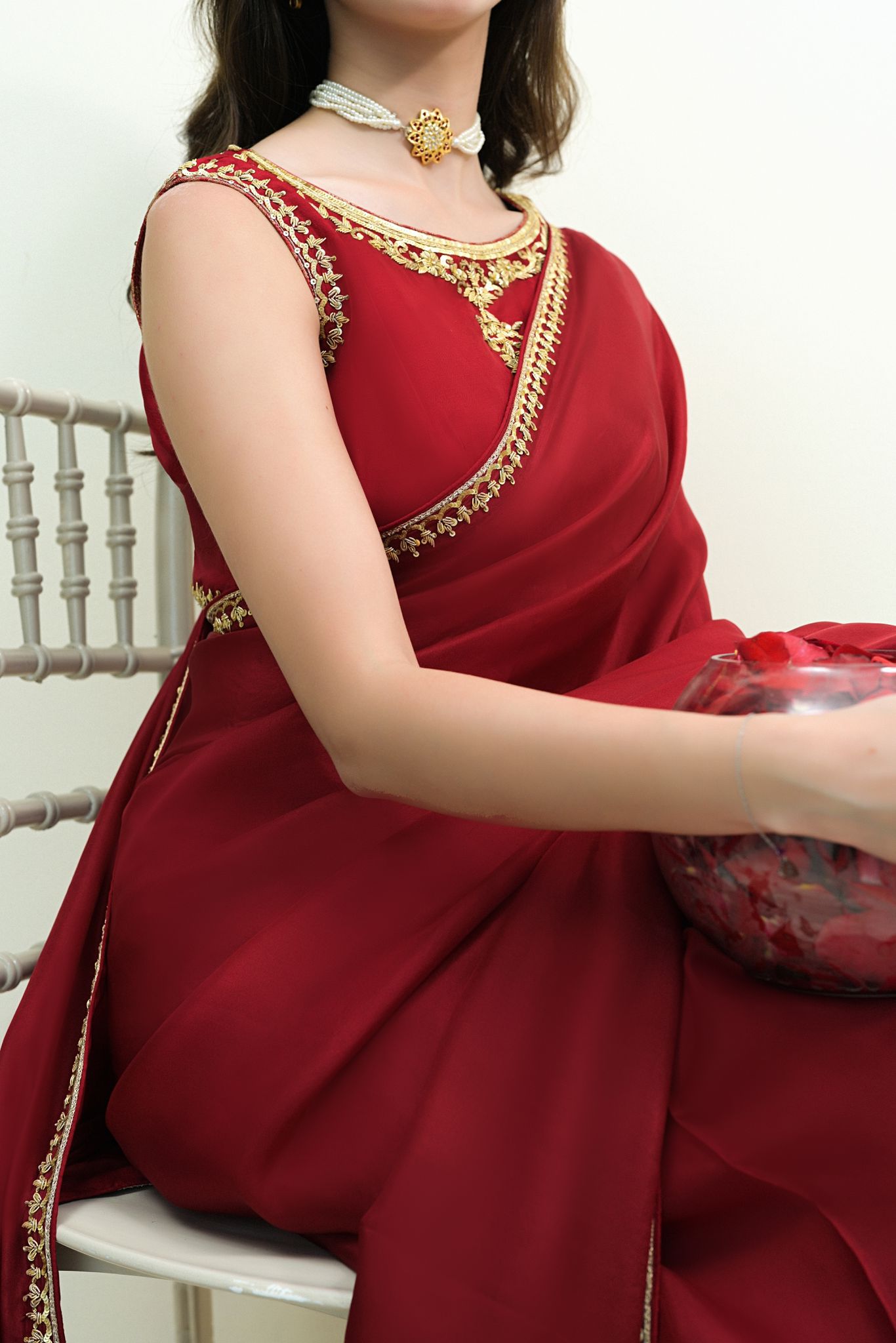 Pakistani Maroon Hand Ada Embroidered Pure Silk Saree (2-Piece) - Image 2