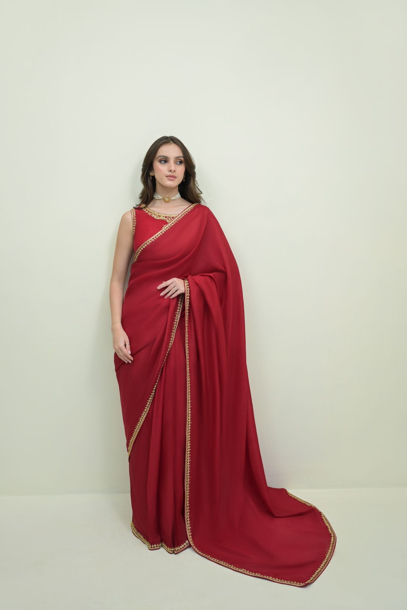 Pakistani Maroon Hand Ada Embroidered Pure Silk Saree (2-Piece) - Image 3