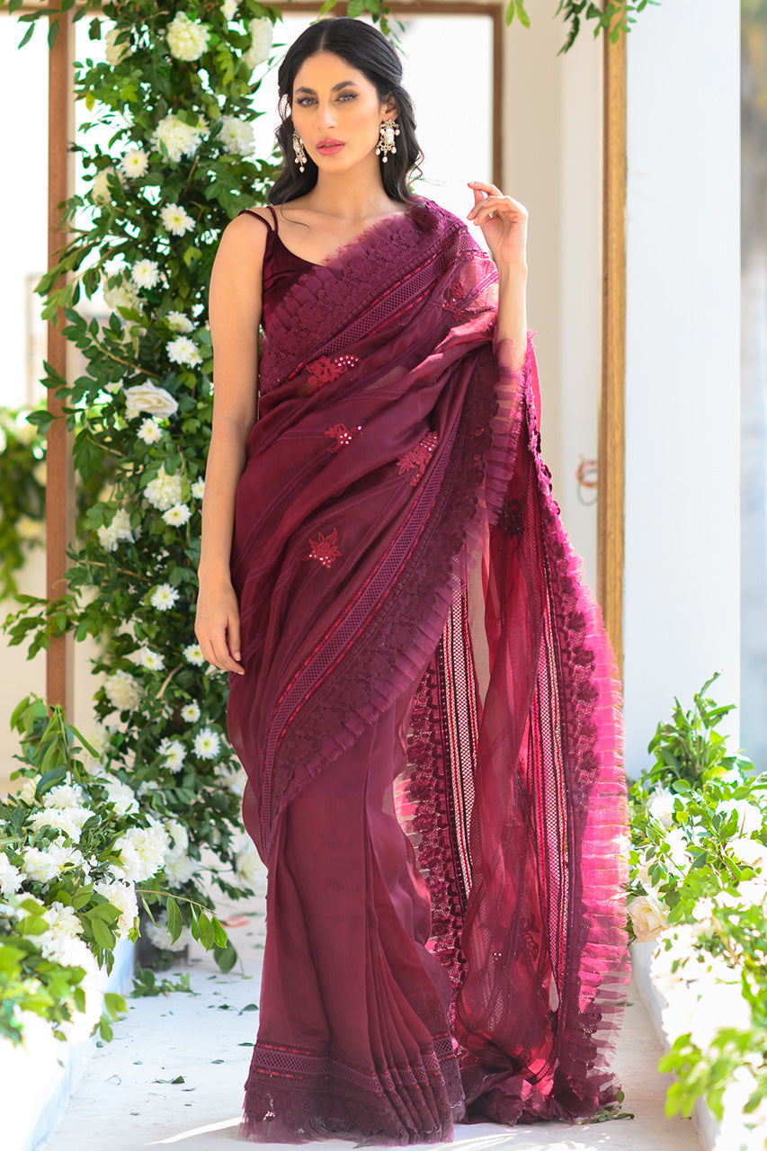 Maroon Embroidered Silk Organza Saree (2-Piece) - Image 2