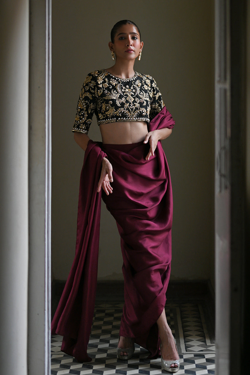 Deep Maroon Zardozi Silk Pant Sari (2-Piece) - Image 1