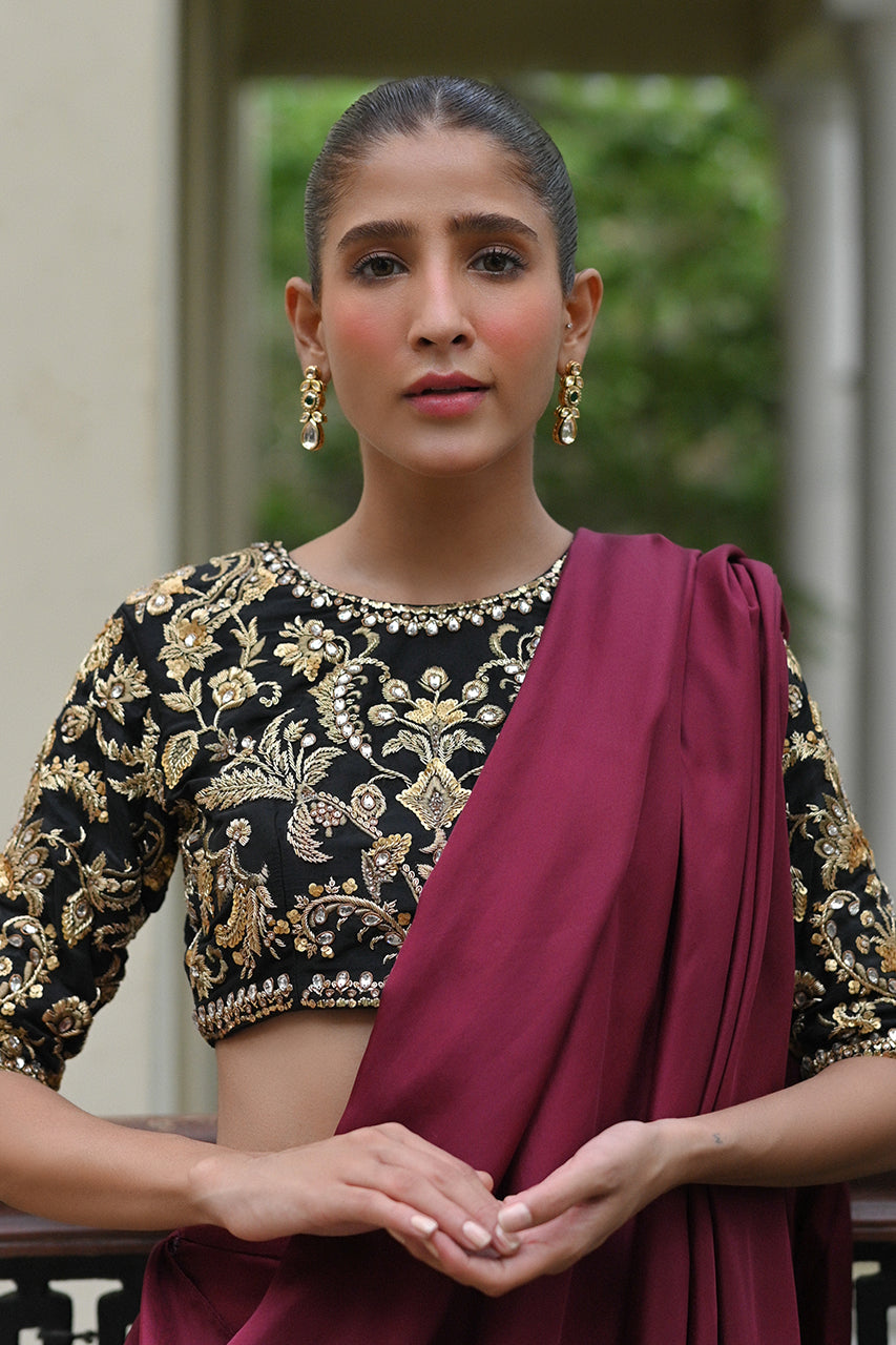 Deep Maroon Zardozi Silk Pant Sari (2-Piece) - Image 2
