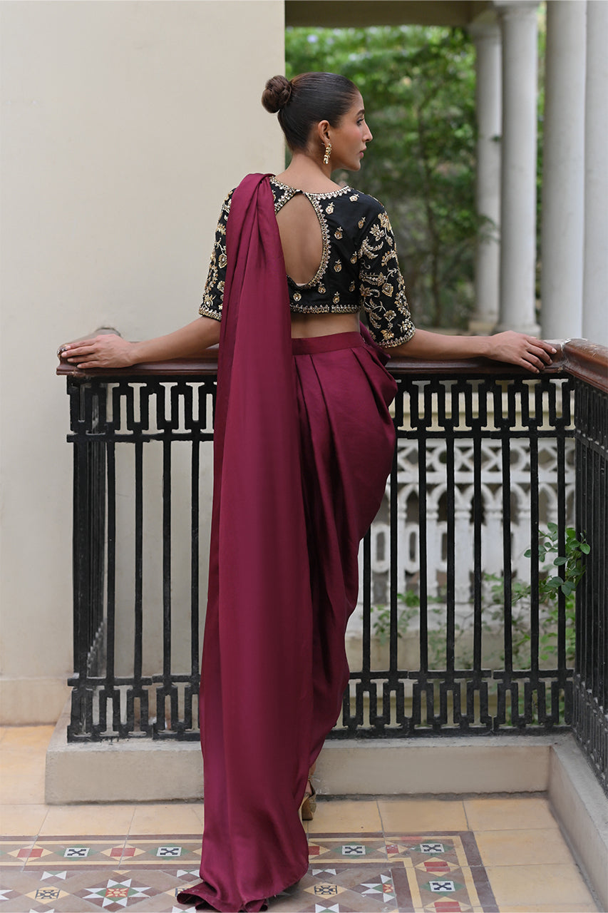 Deep Maroon Zardozi Silk Pant Sari (2-Piece) - Image 3