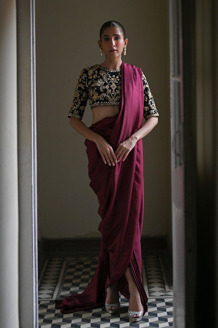 Deep Maroon Zardozi Silk Pant Sari (2-Piece) - Image 4