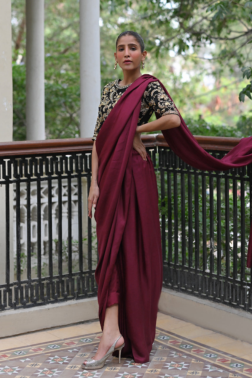 Deep Maroon Zardozi Silk Pant Sari (2-Piece) - Image 5