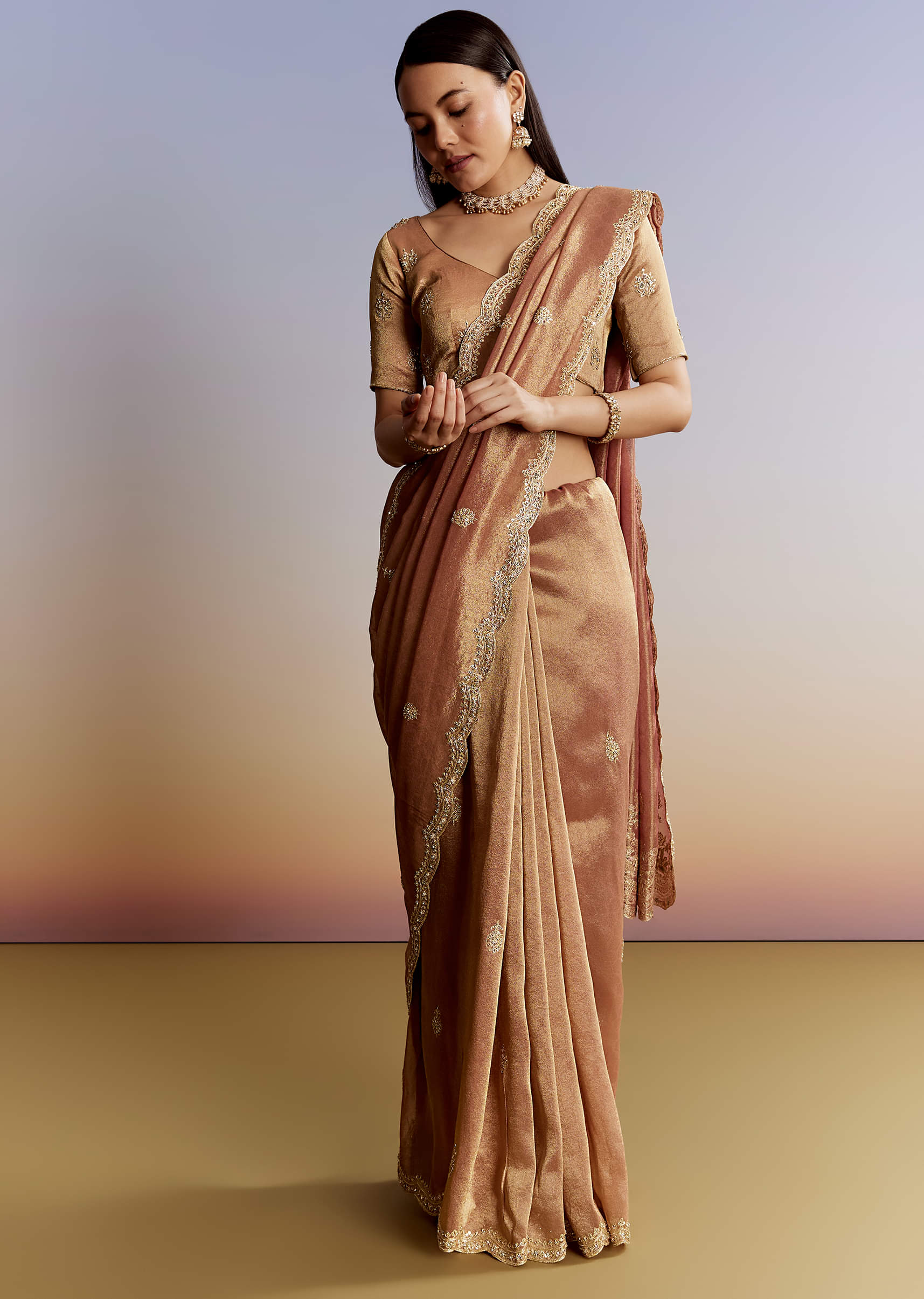Indian Rust Embellished Tissue Saree (2-Piece) - Image 1