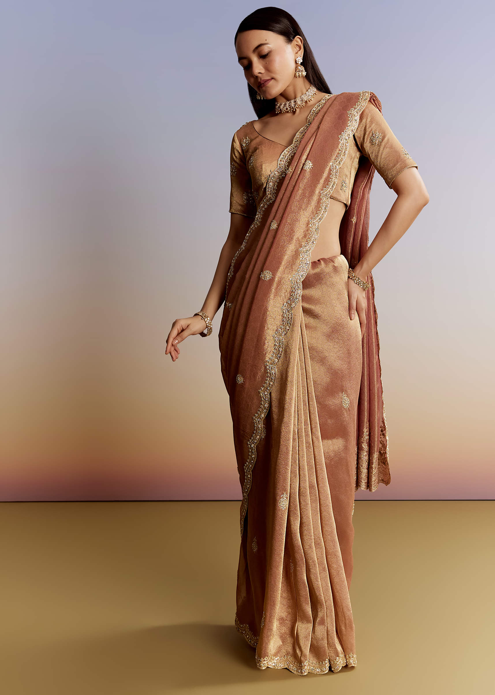 Indian Rust Embellished Tissue Saree (2-Piece) - Image 11