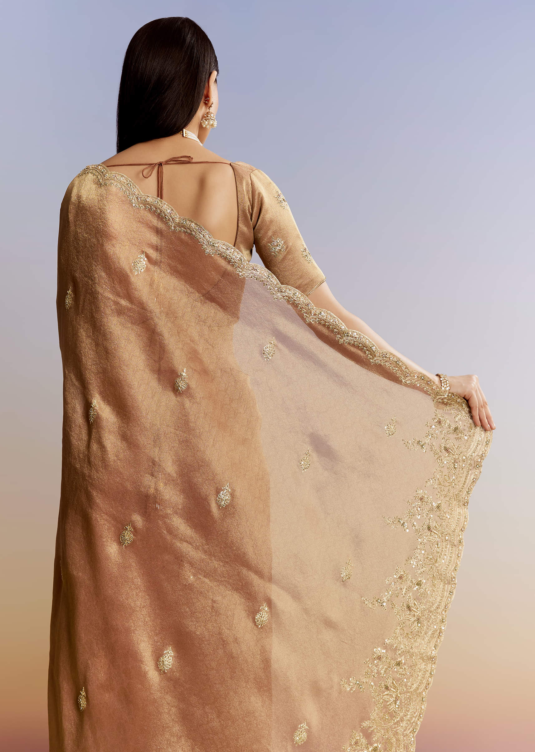 Indian Rust Embellished Tissue Saree (2-Piece) - Image 2