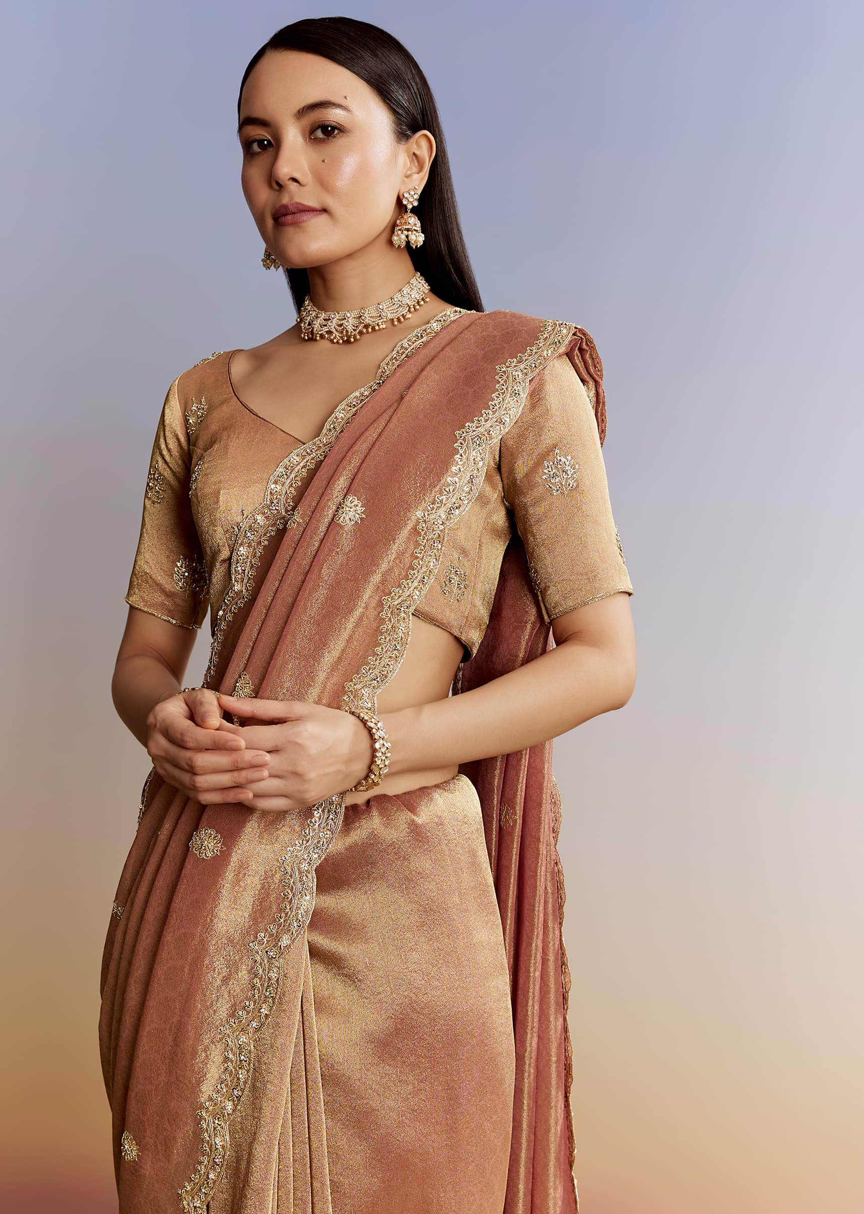 Indian Rust Embellished Tissue Saree (2-Piece) - Image 3