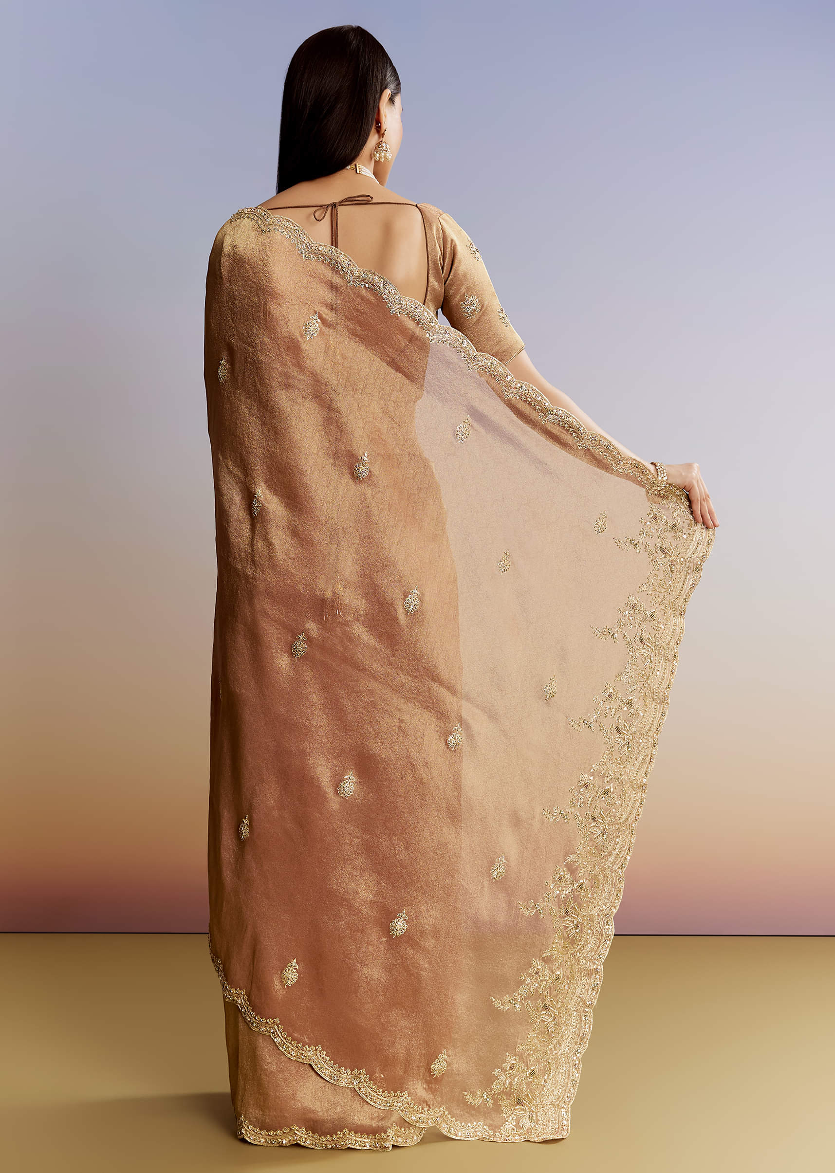 Indian Rust Embellished Tissue Saree (2-Piece) - Image 4