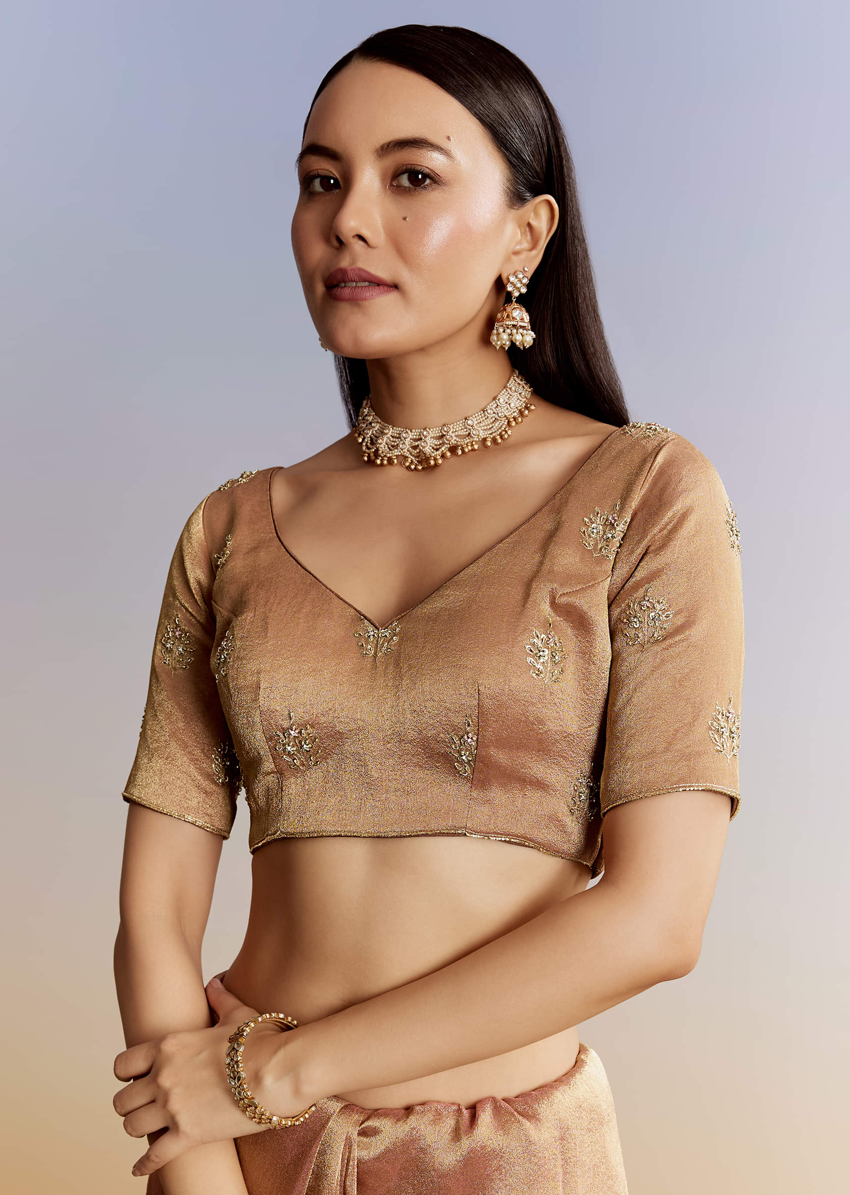 Indian Rust Embellished Tissue Saree (2-Piece) - Image 5