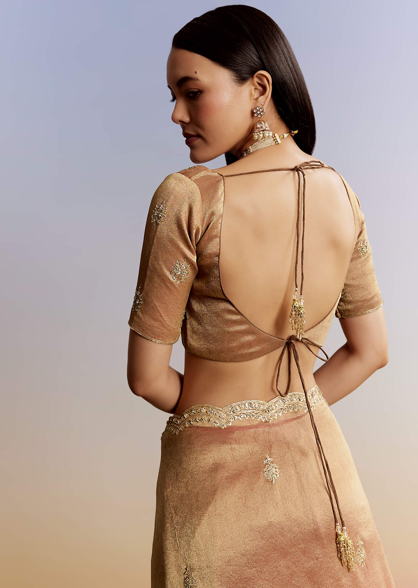 Indian Rust Embellished Tissue Saree (2-Piece) - Image 6