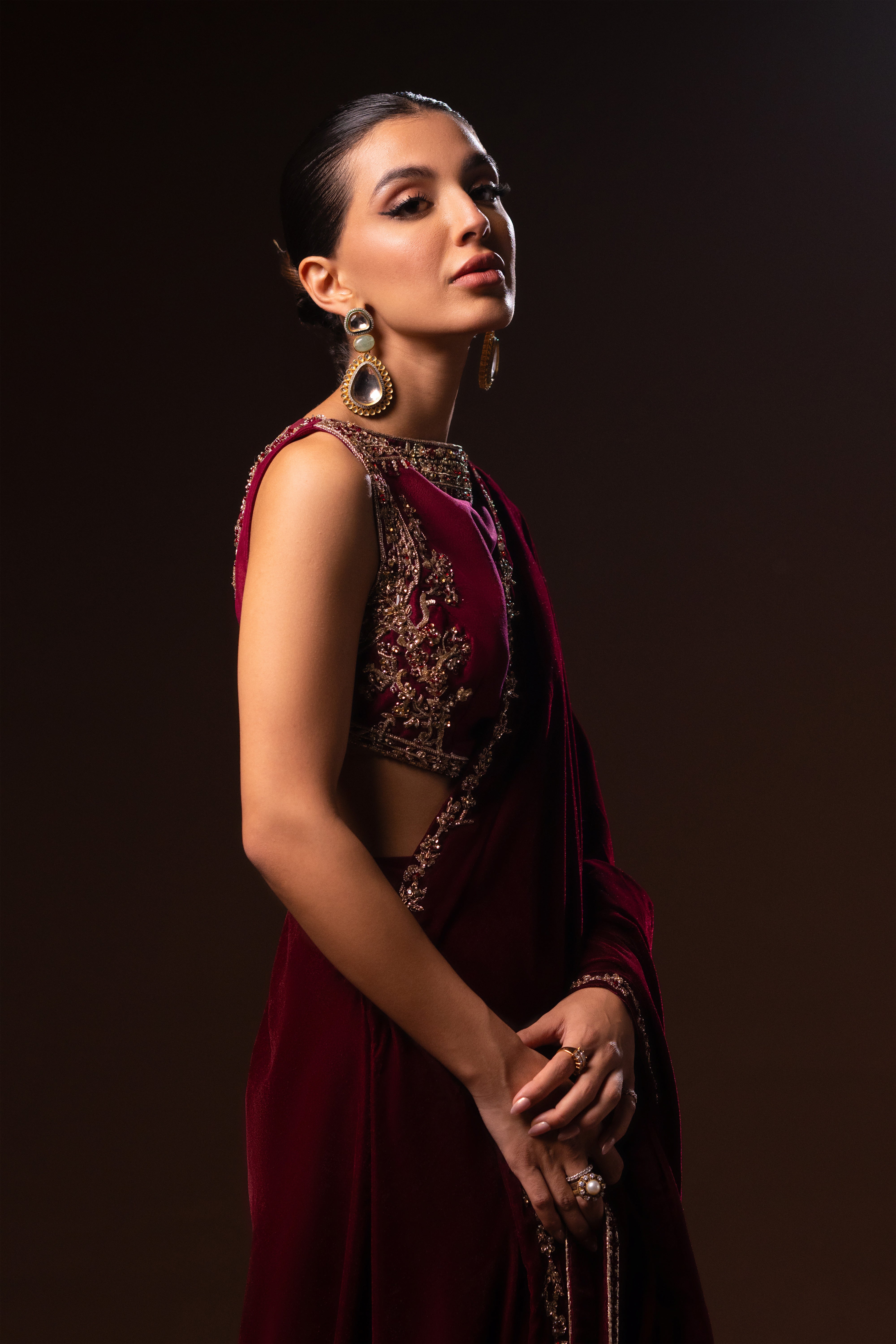Deep Maroon Embellished Velvet Saree (3-Piece) - Image 3