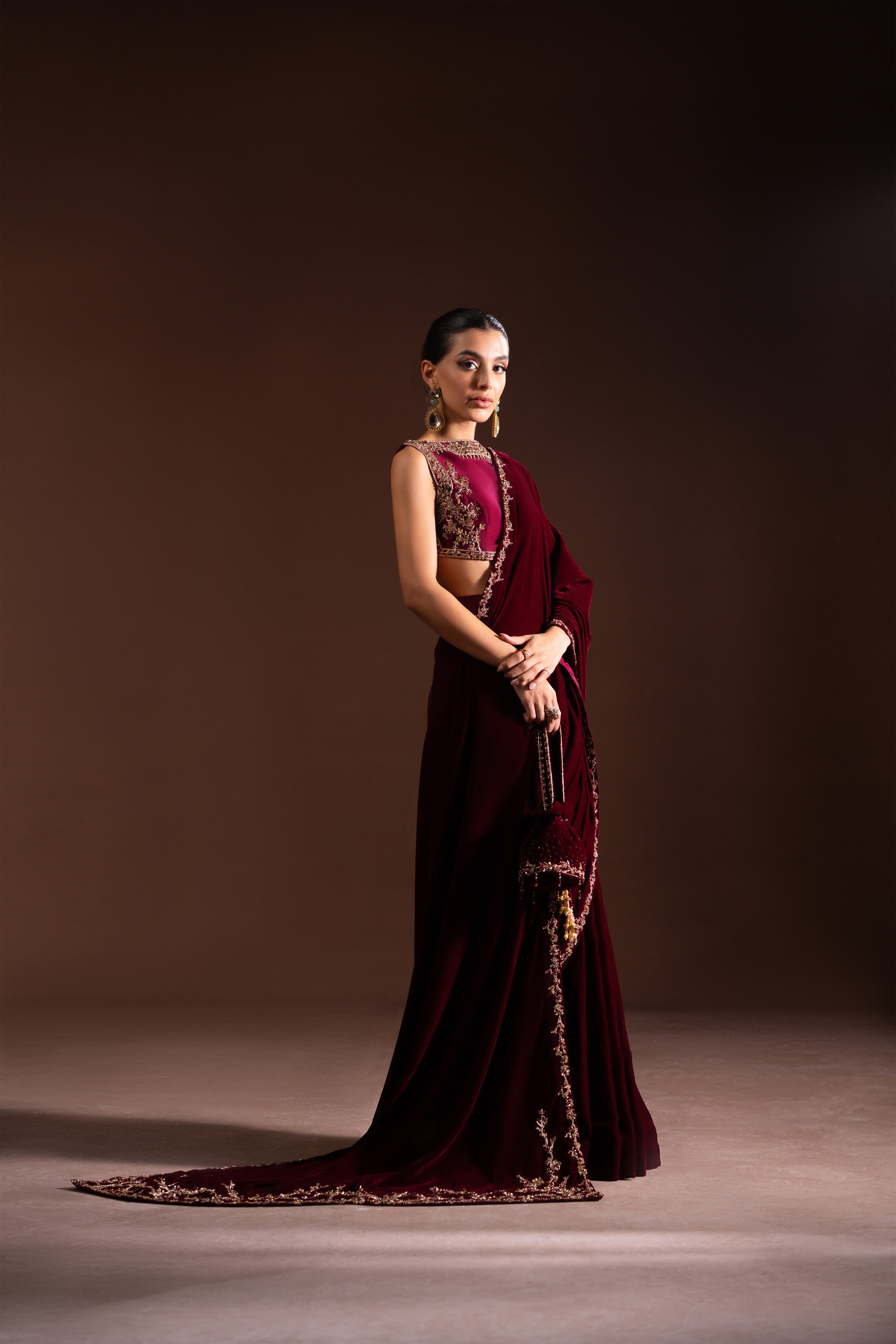 Deep Maroon Embellished Velvet Saree (3-Piece) - Image 5