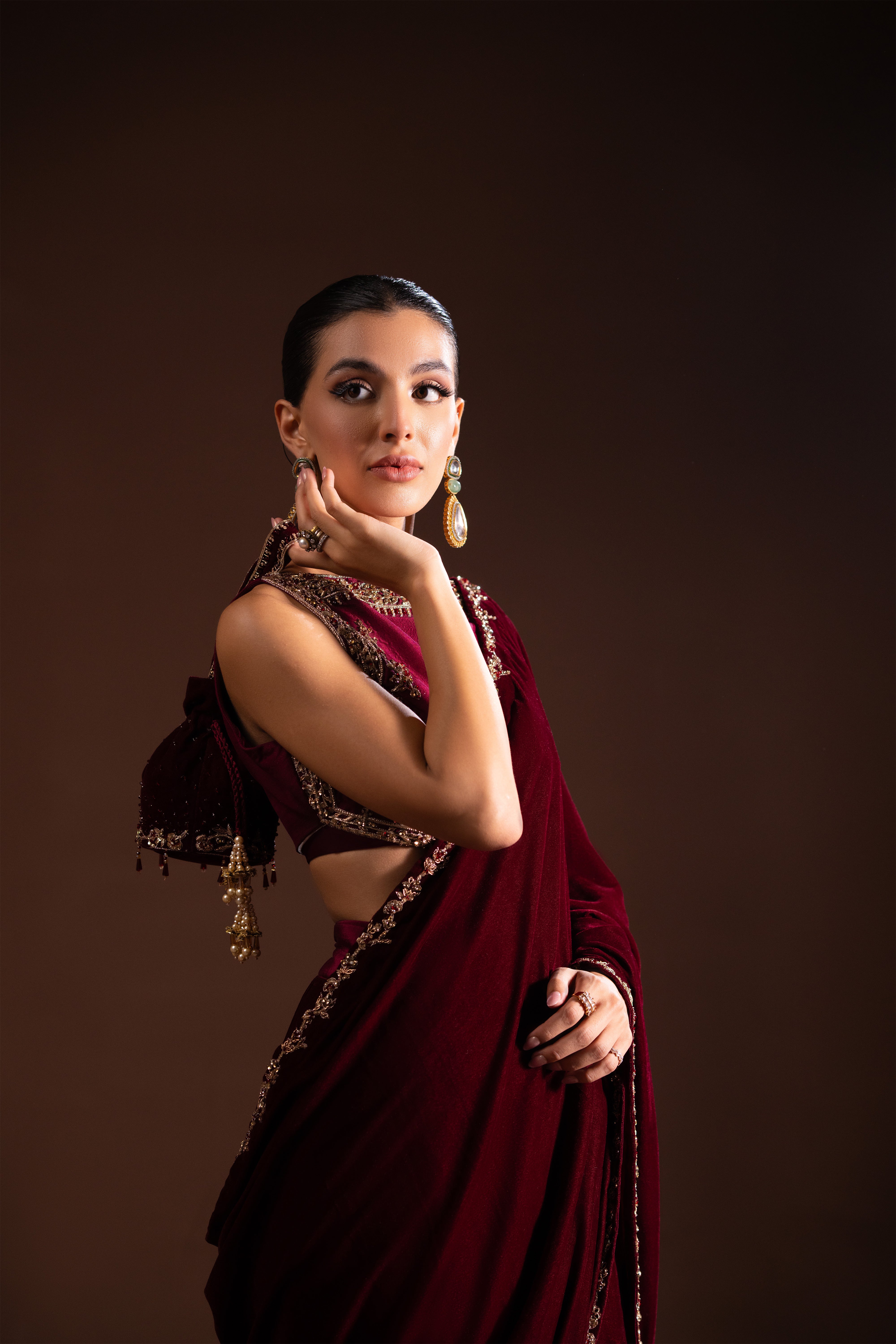 Deep Maroon Embellished Velvet Saree (3-Piece) - Image 6