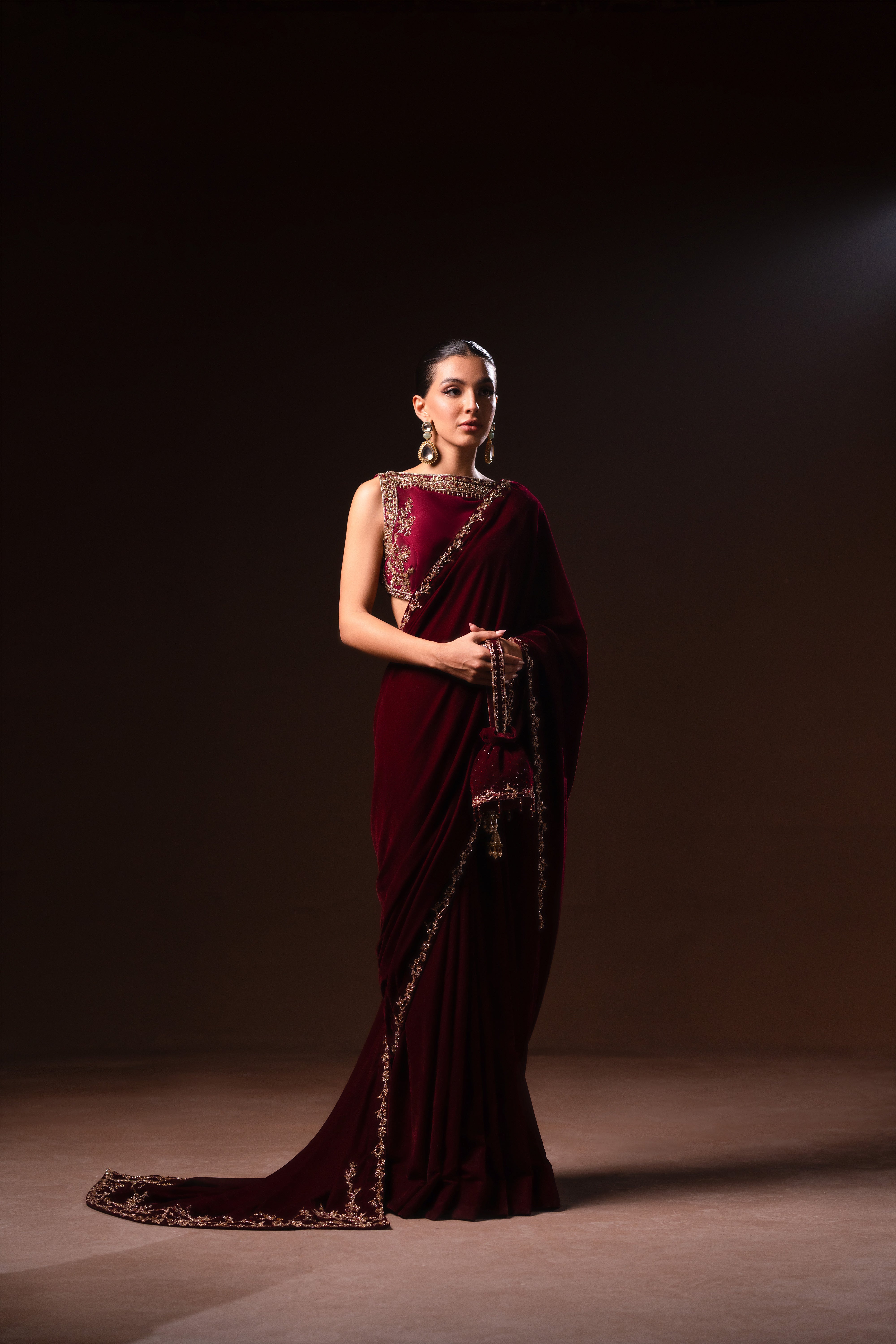 Indian Deep Maroon Embellished Velvet Saree (3-Piece) - Image 1