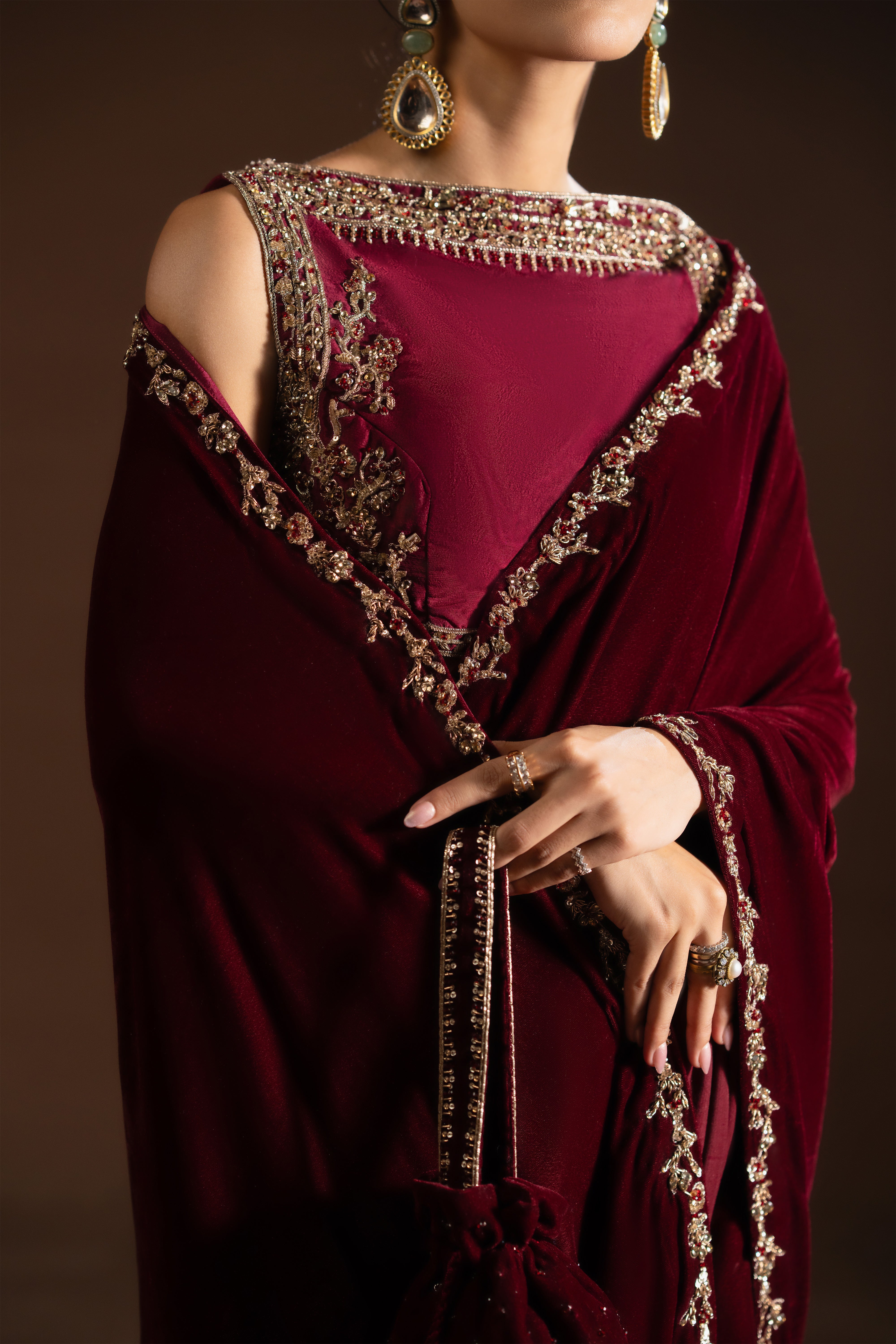 Indian Deep Maroon Embellished Velvet Saree (3-Piece) - Image 7