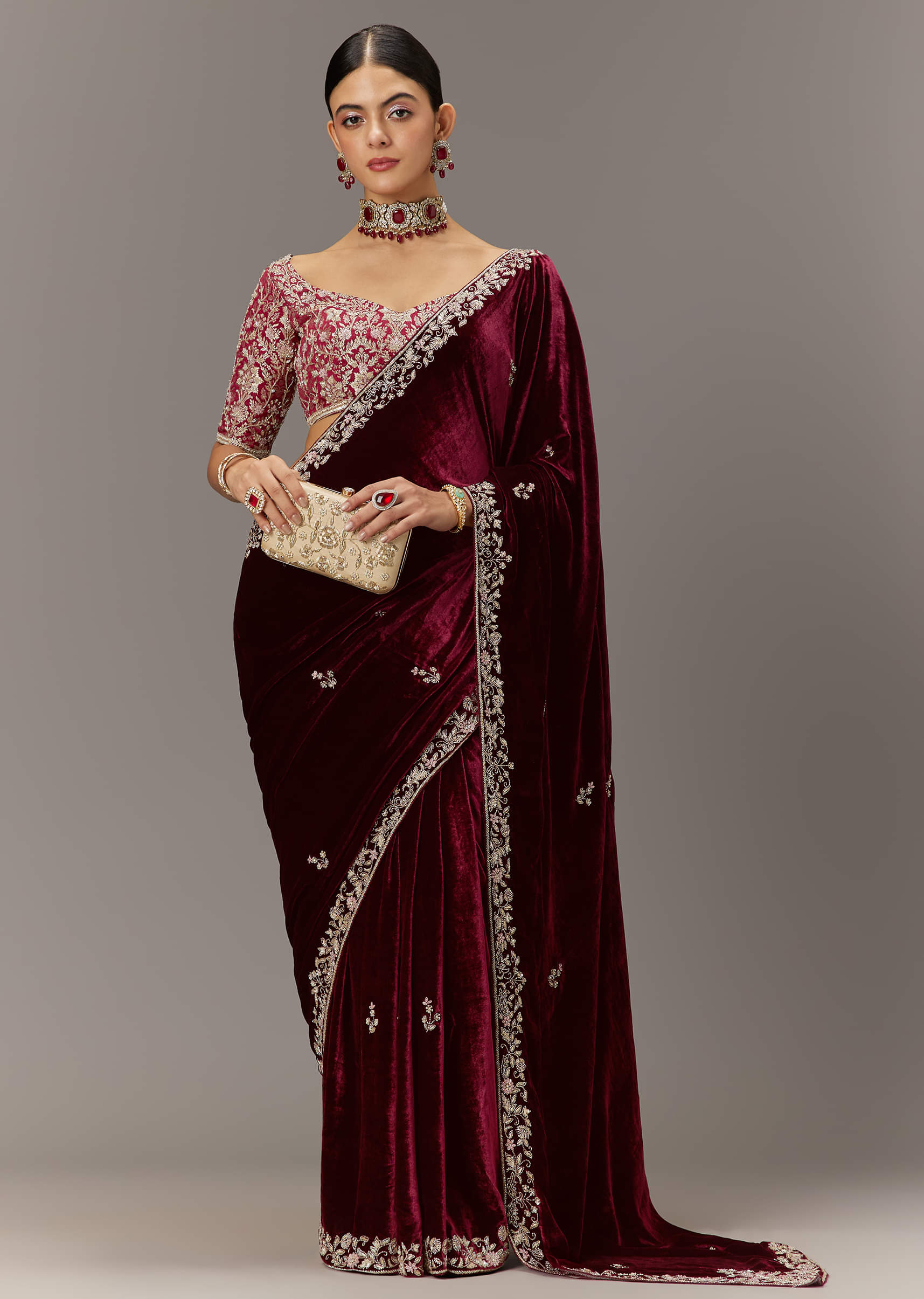 Indian Maroon Embroidered Velvet Saree (2-Piece) - Image 10
