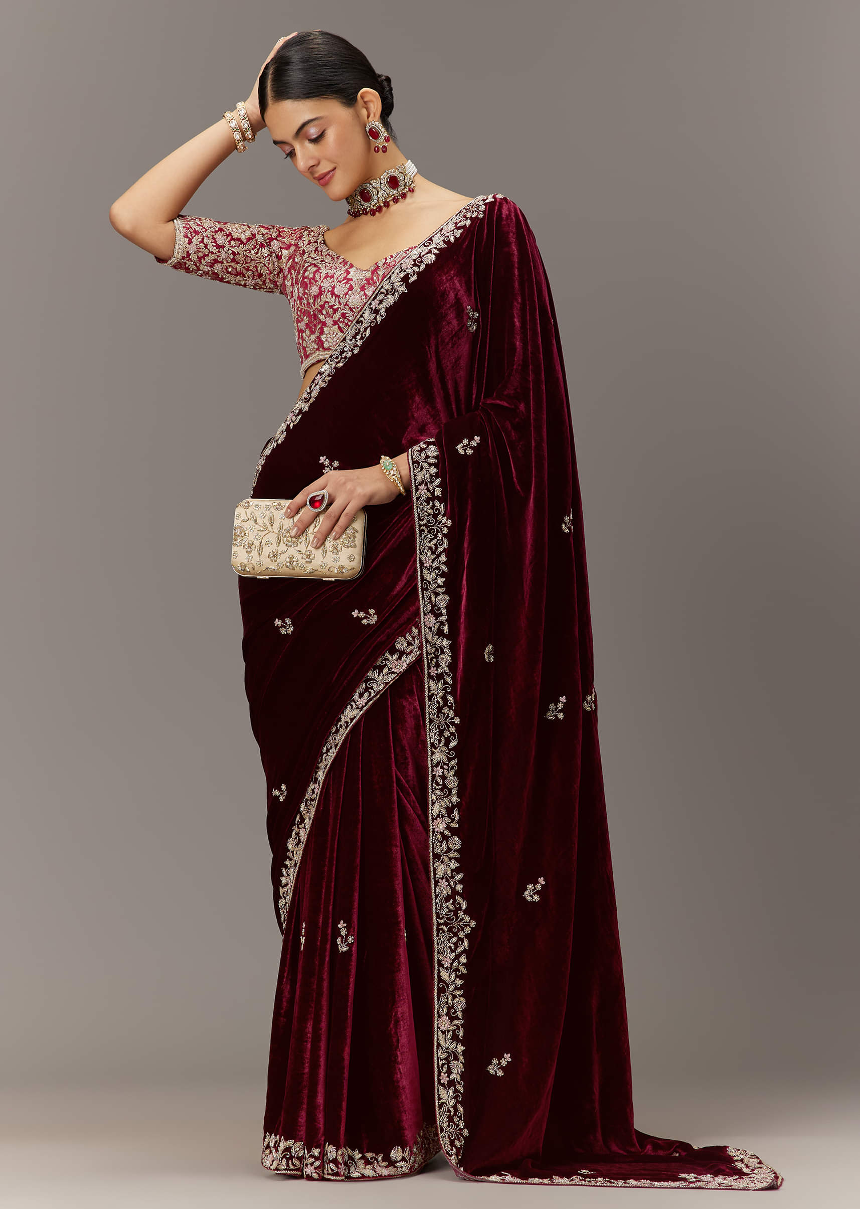 Indian Maroon Embroidered Velvet Saree (2-Piece) - Image 2