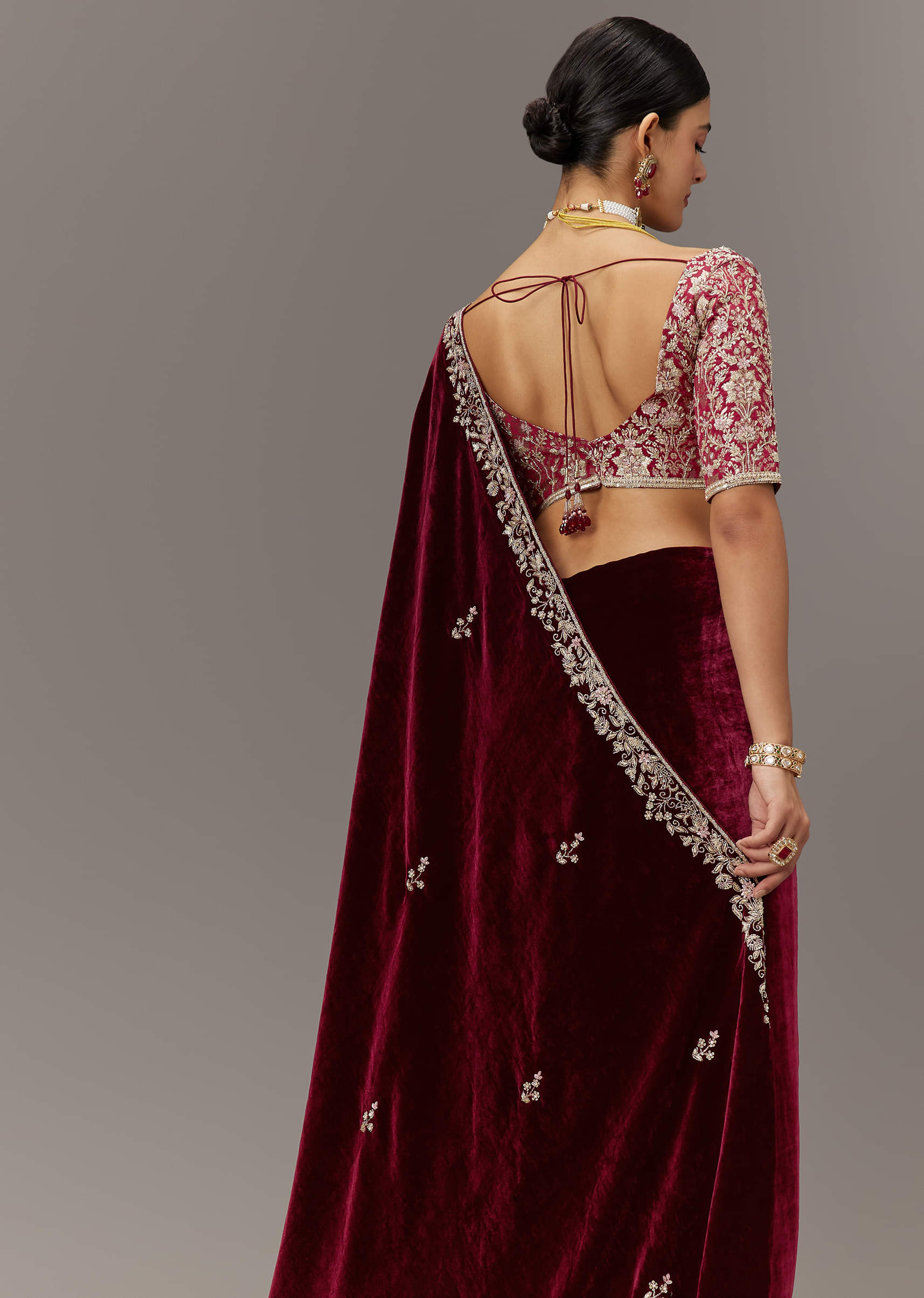 Indian Maroon Embroidered Velvet Saree (2-Piece) - Image 3