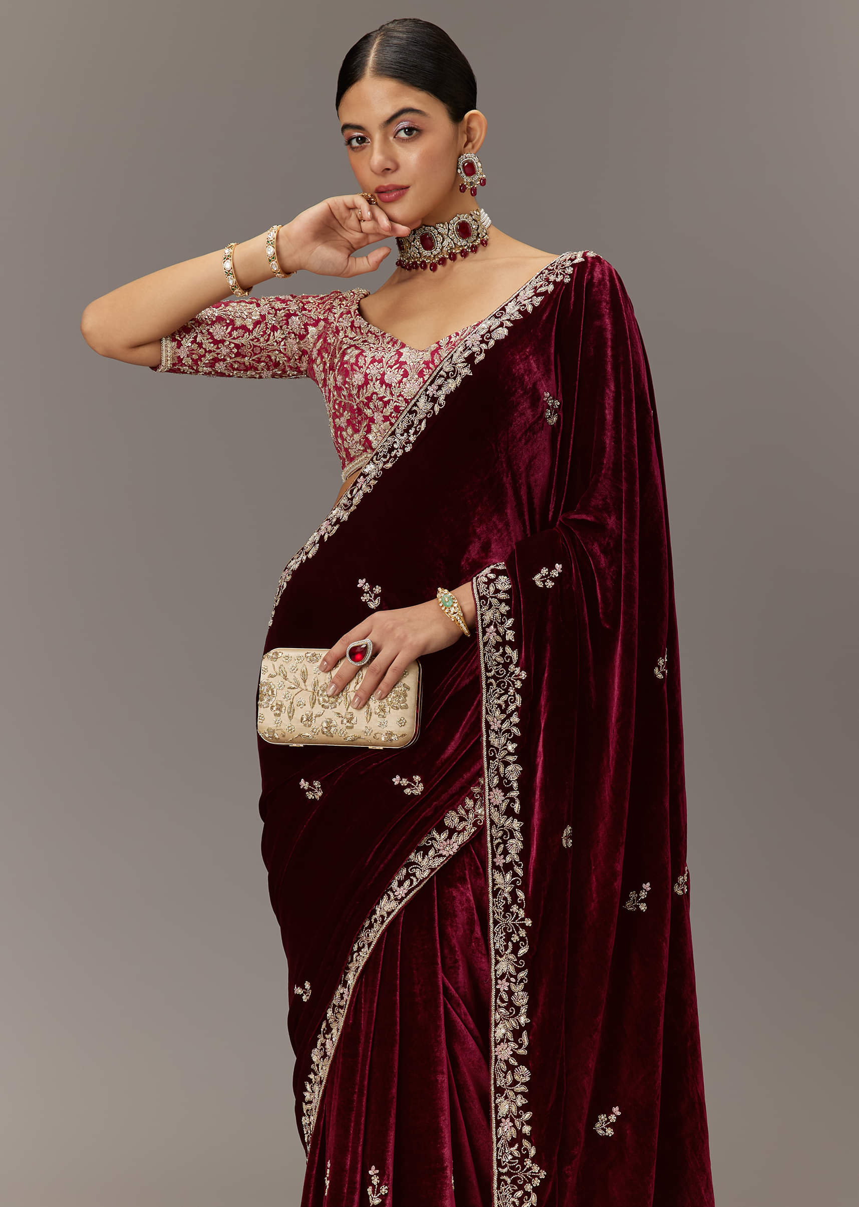 Indian Maroon Embroidered Velvet Saree (2-Piece) - Image 4