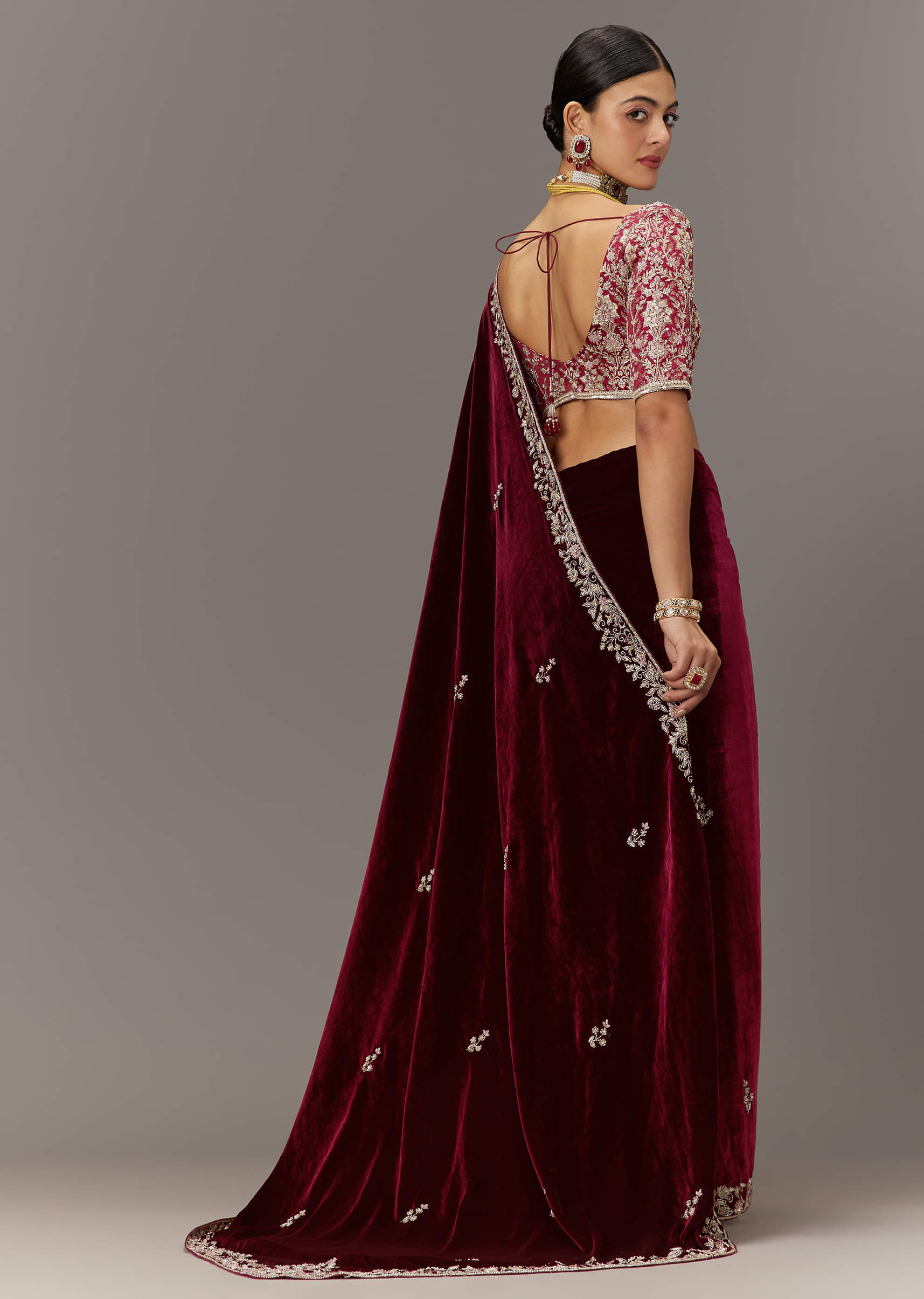 Indian Maroon Embroidered Velvet Saree (2-Piece) - Image 5