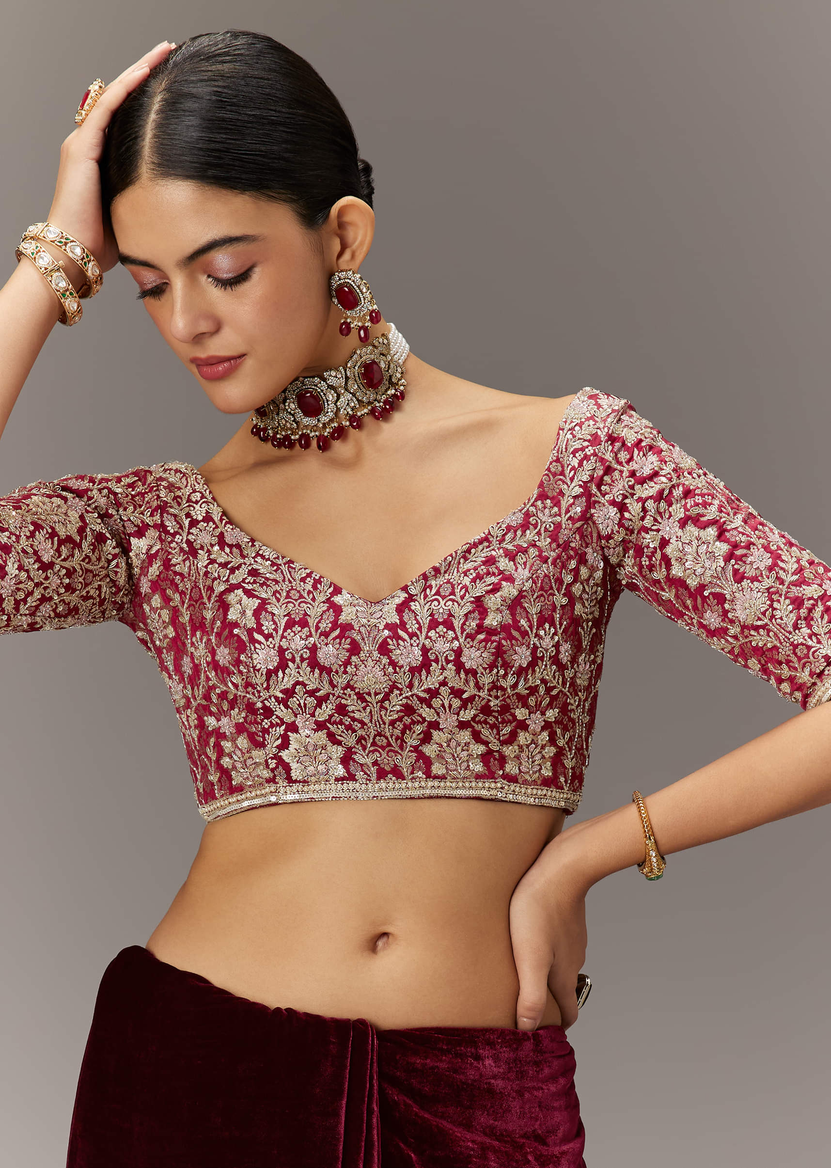 Indian Maroon Embroidered Velvet Saree (2-Piece) - Image 6