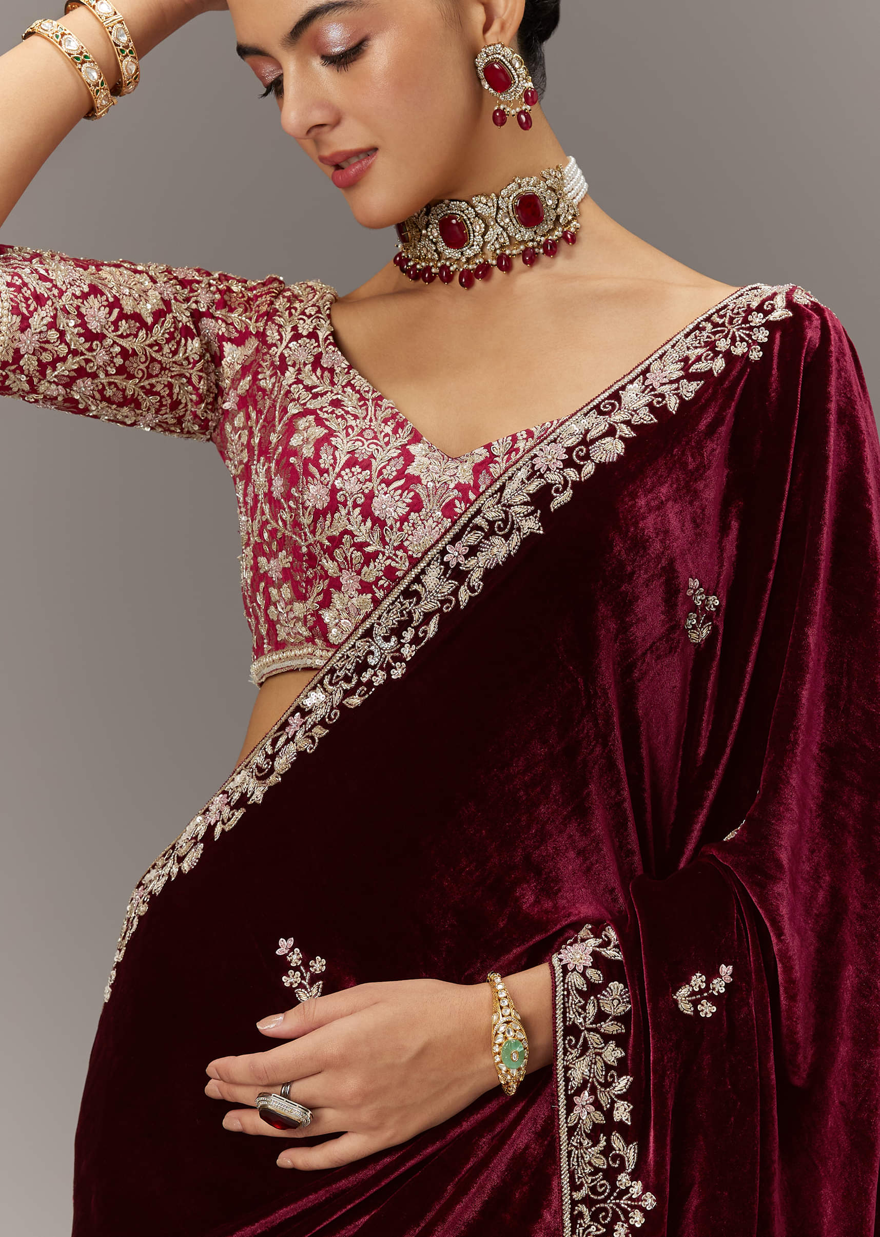 Indian Maroon Embroidered Velvet Saree (2-Piece) - Image 9