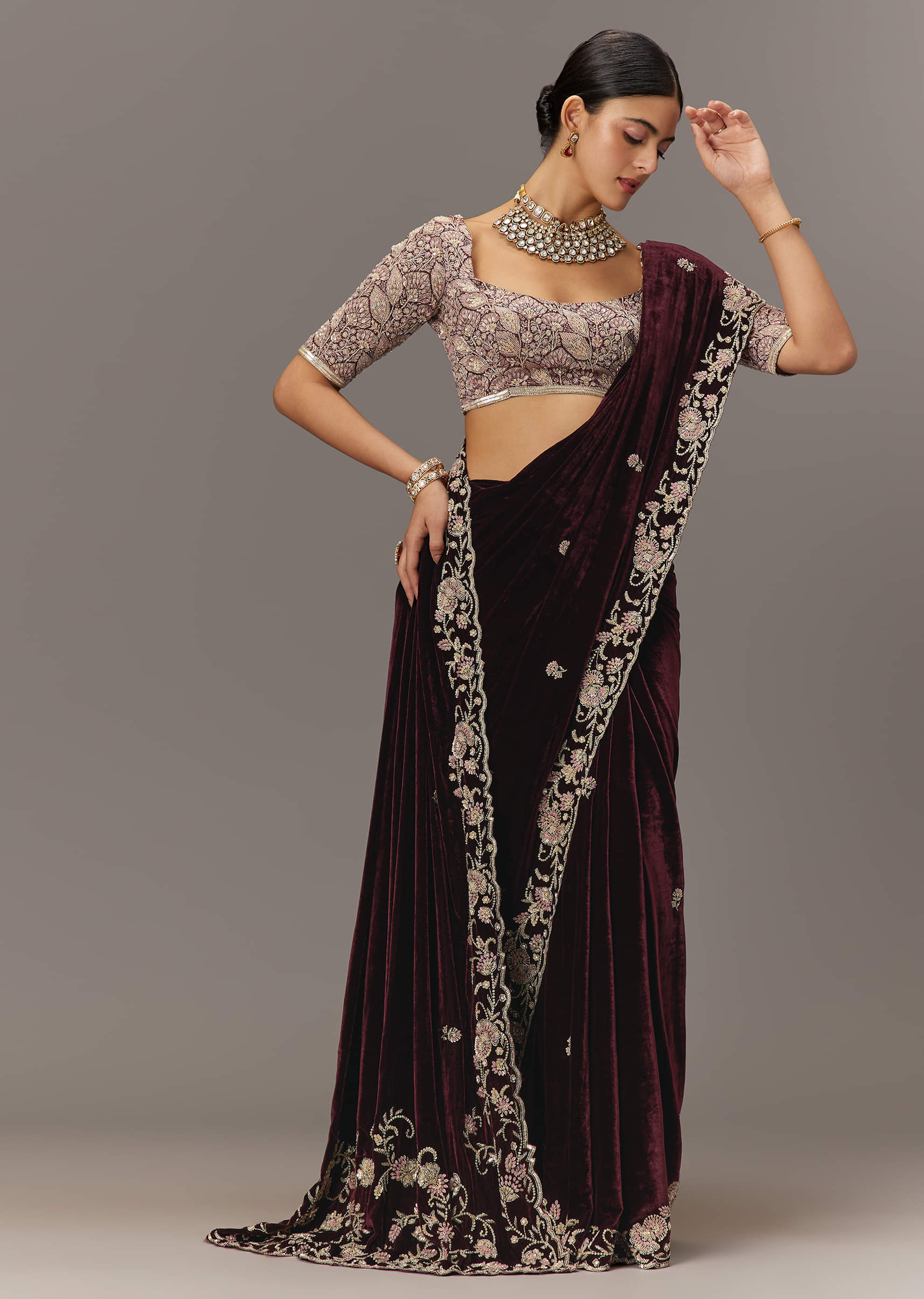 Maroon Embroidered Velvet Saree (2-Piece) - Image 1