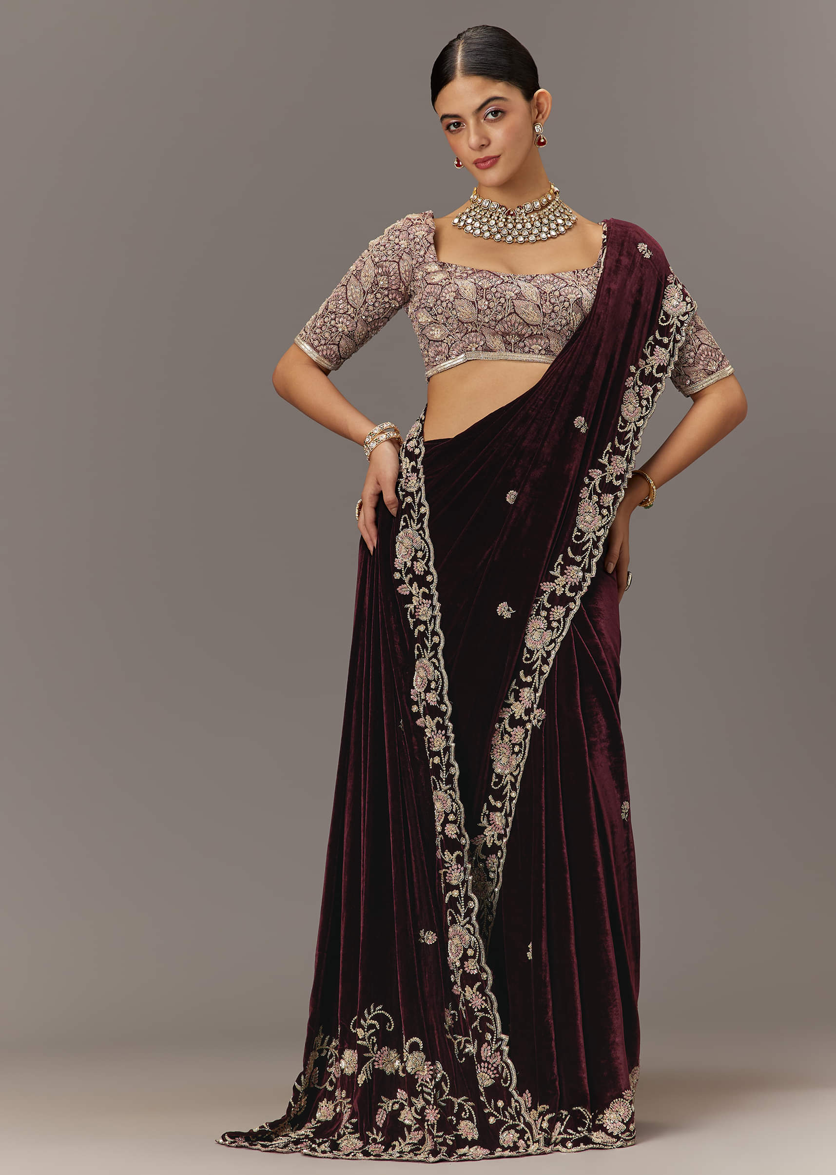 Maroon Embroidered Velvet Saree (2-Piece) - Image 2