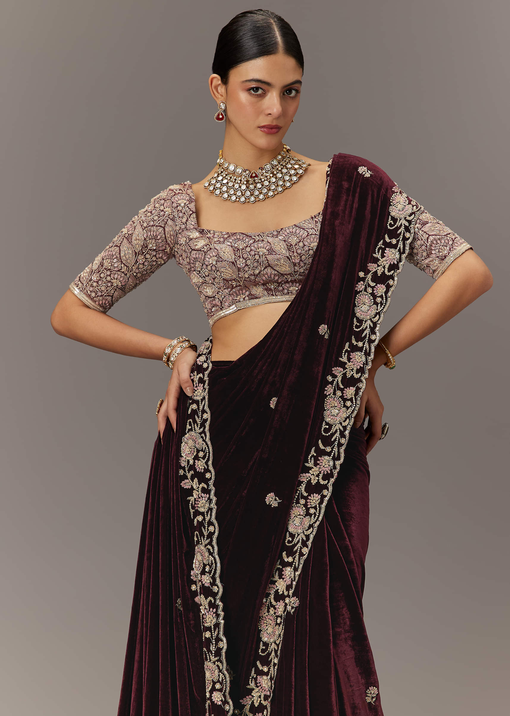 Maroon Embroidered Velvet Saree (2-Piece) - Image 4
