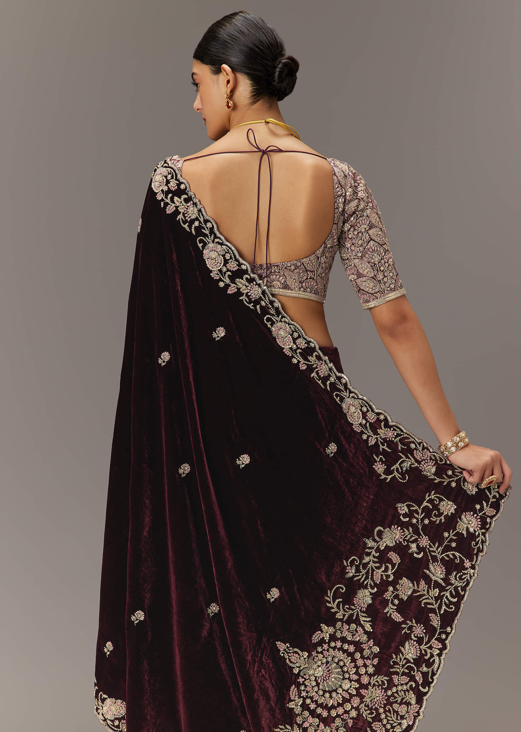 Maroon Embroidered Velvet Saree (2-Piece) - Image 5
